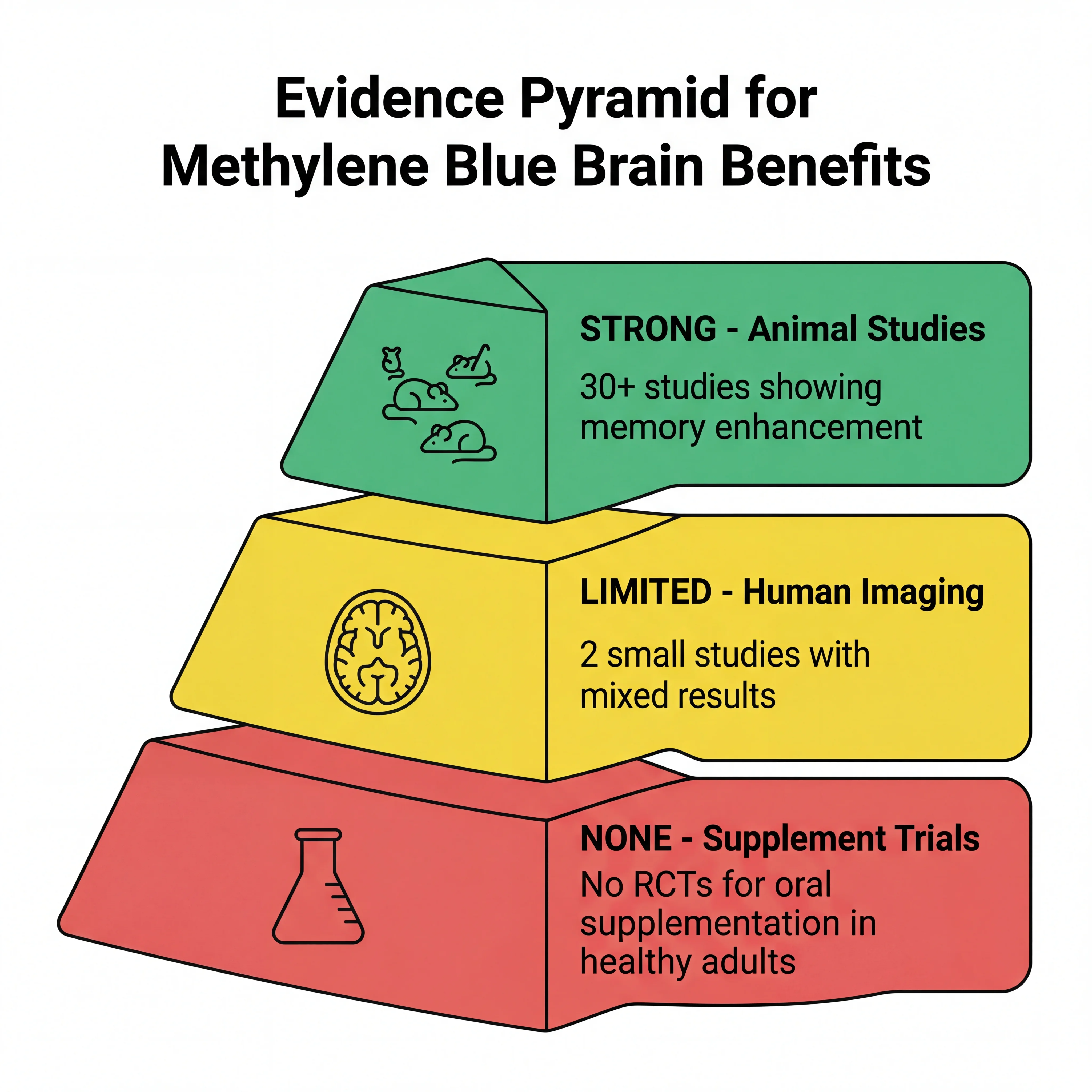 Infographic illustrating three tiers of evidence for methylene blue showing strong animal data, limited human studies, and no supplement trials