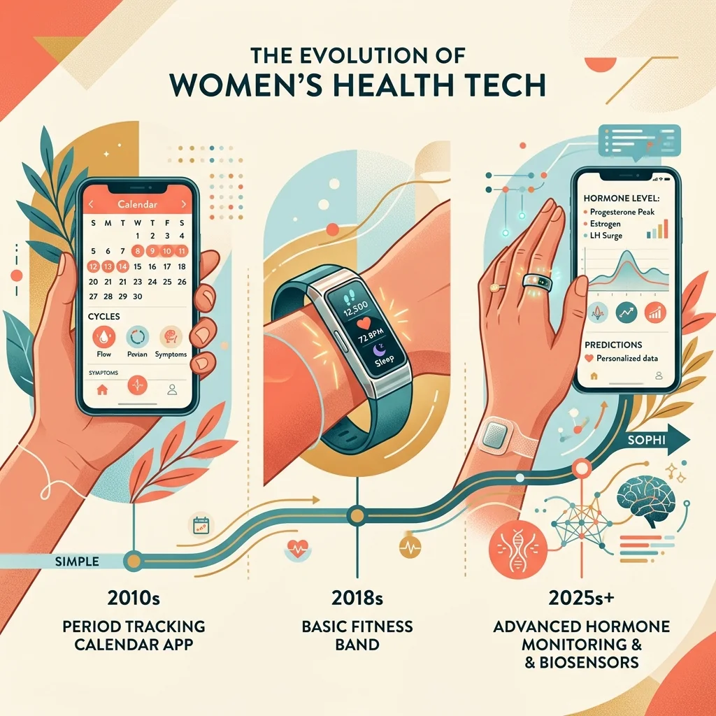 Visual timeline showing the evolution of women's health technology from basic period tracking apps to advanced hormone monitoring devices