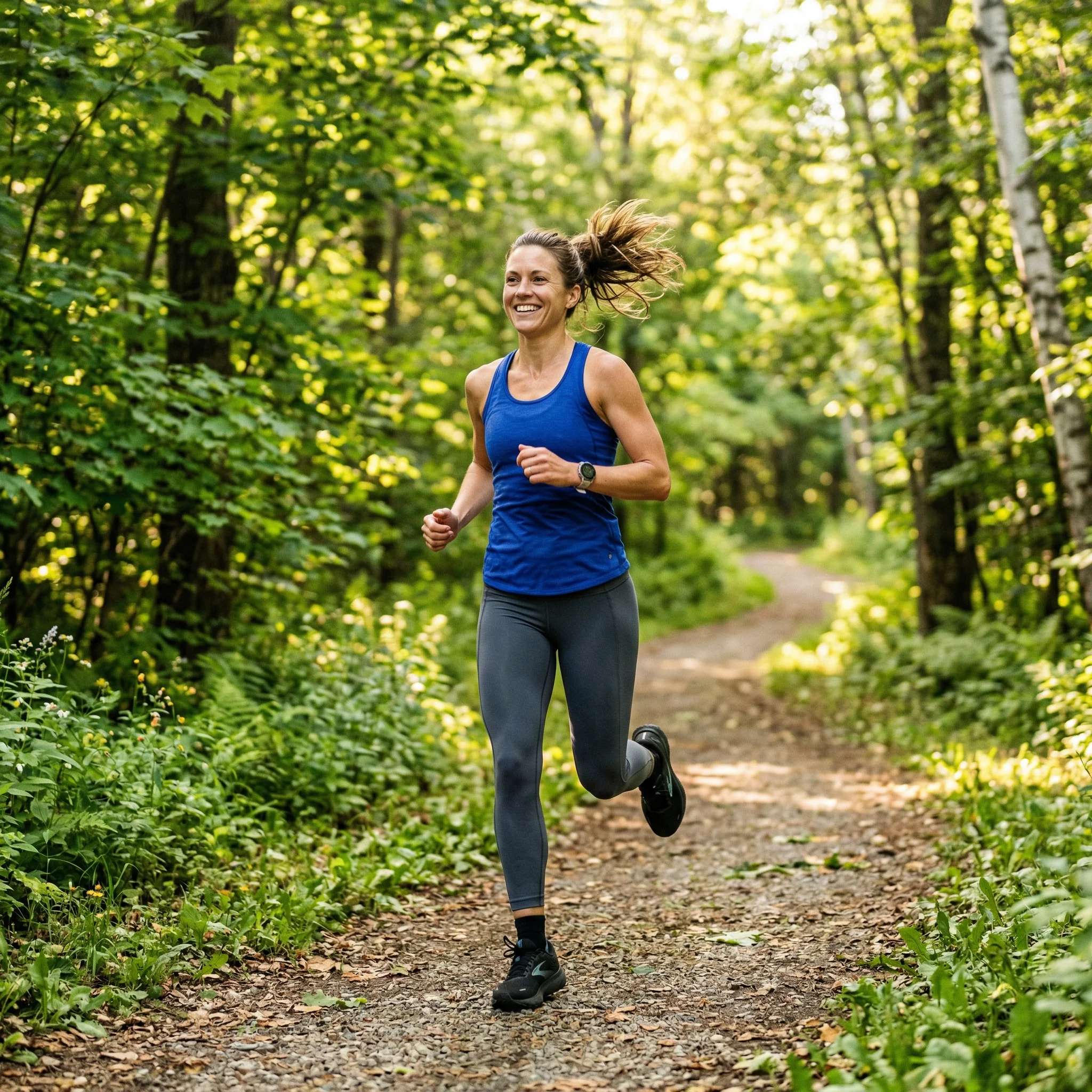 Person performing moderate intensity exercise with illustrated overlay showing GLP-1 increase pathway through gut microbiome and SCFA production