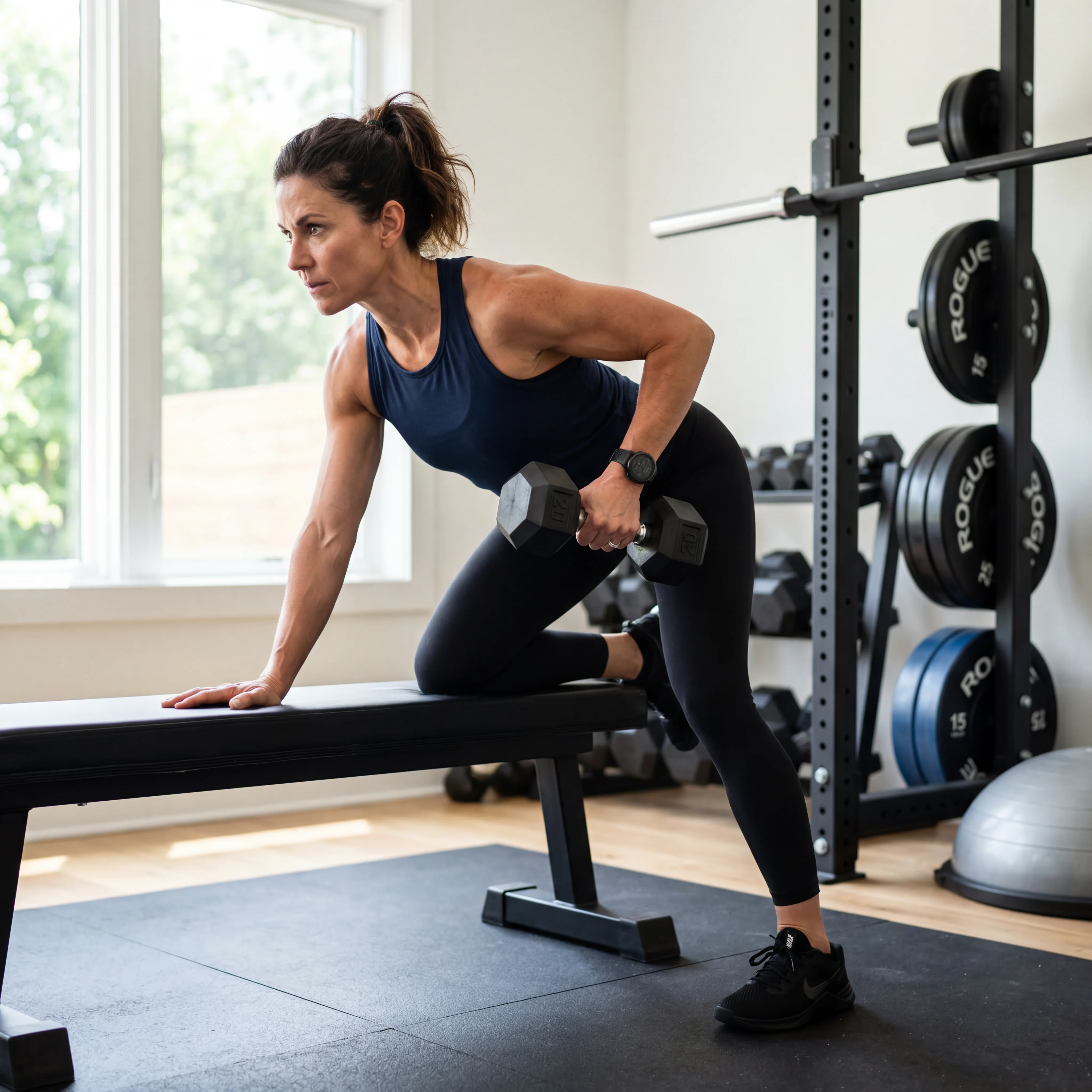 Woman performing resistance training exercise with dumbbells in a home gym setting
