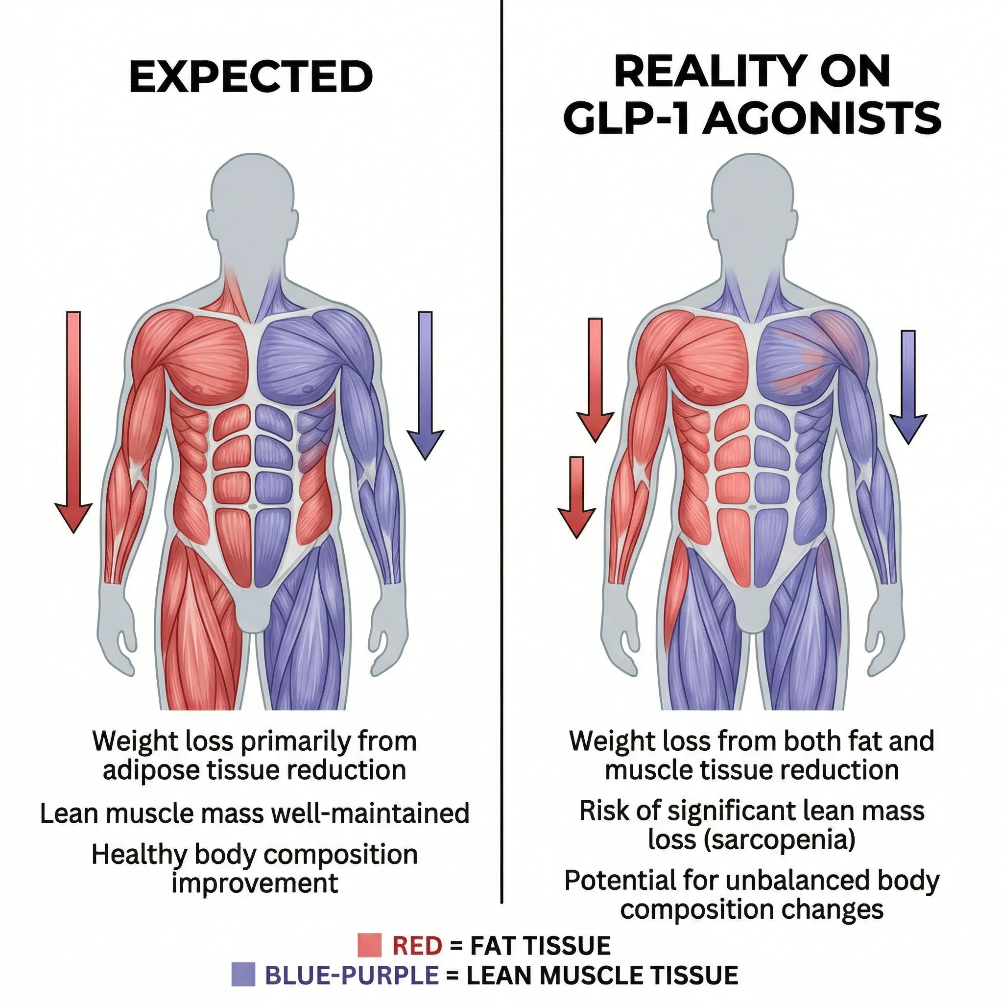 Comparison infographic showing expected versus actual body composition changes during GLP-1 weight loss, with lean mass losses highlighted