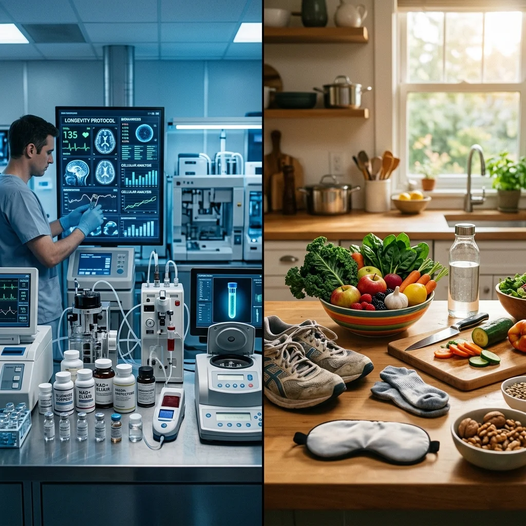 Split comparison between an expensive clinical lab setup and simple affordable health essentials like vegetables, running shoes, and sleep mask