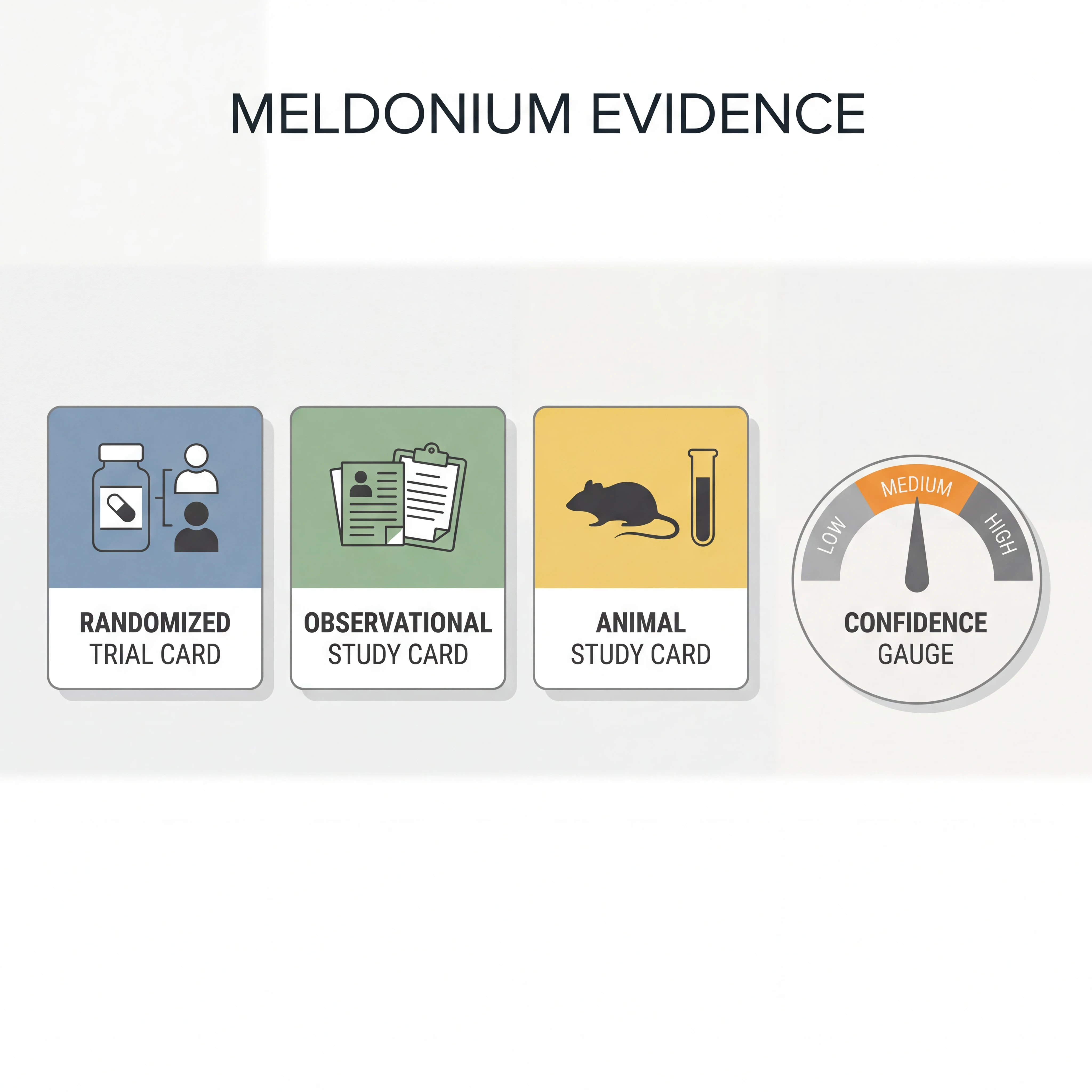 Visual hierarchy of medical evidence with randomized trial cards above observational and preclinical study layers to illustrate confidence differences.