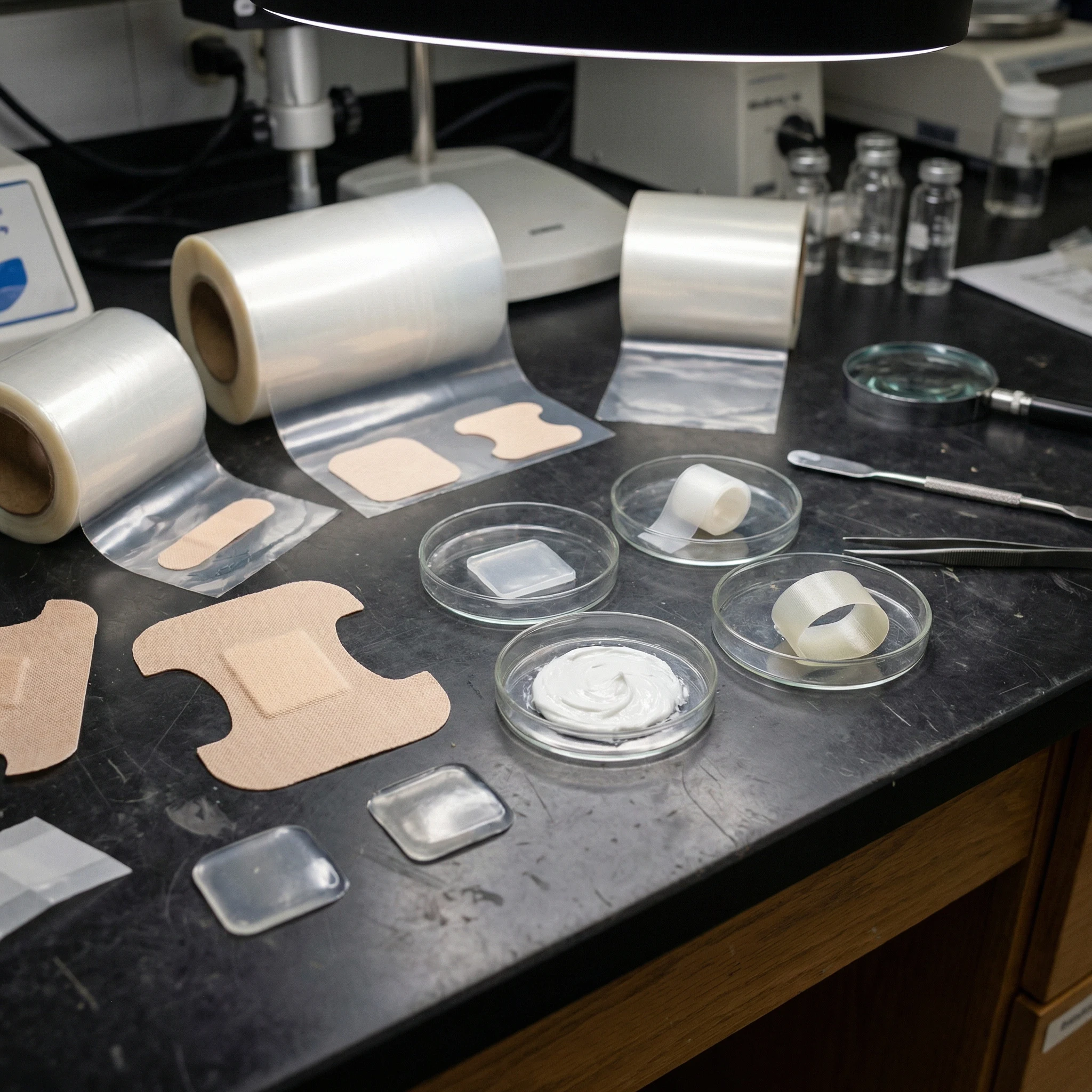 Medical adhesive patch layers and hypoallergenic liner materials on a laboratory desk