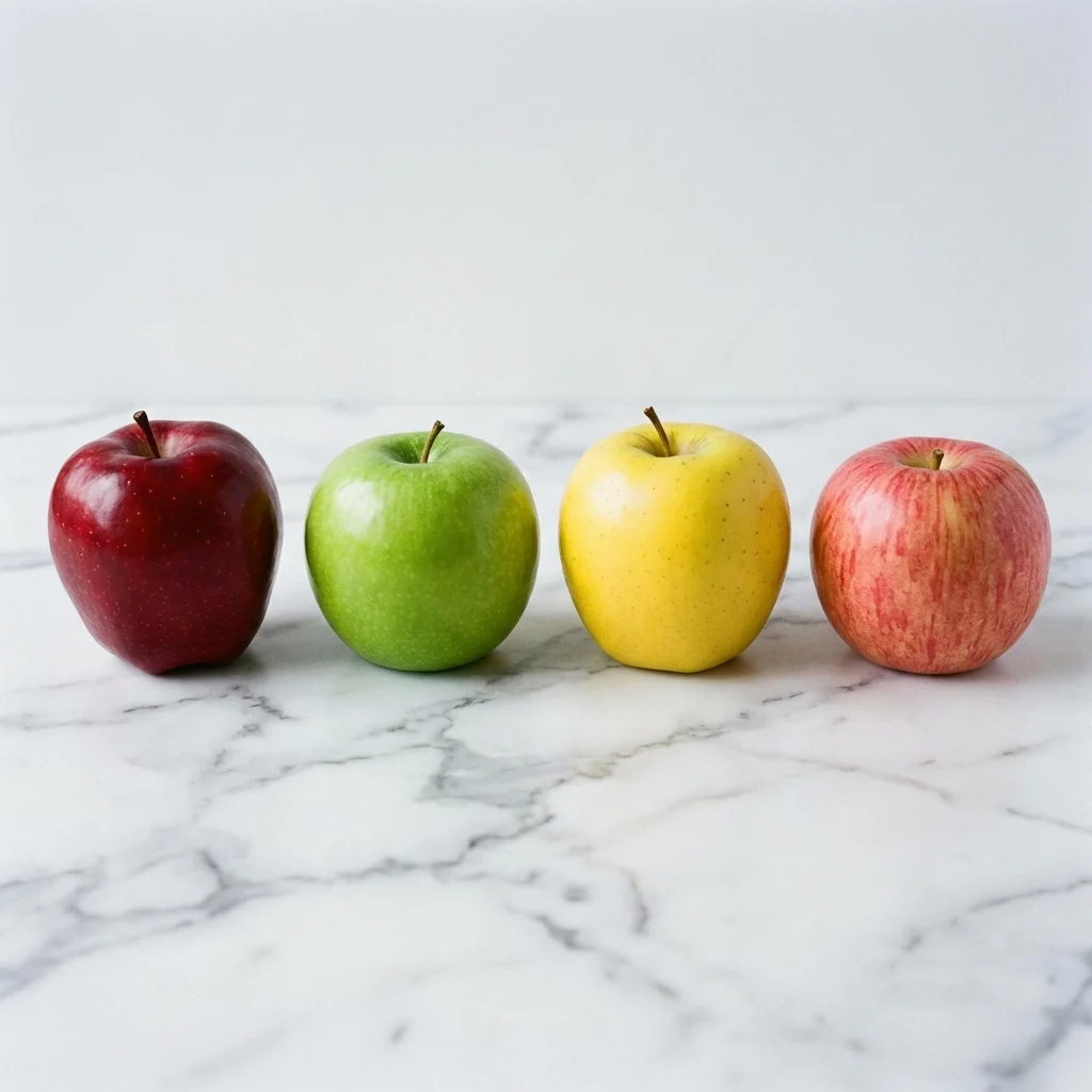 Four apple varieties side by side: Red Delicious, Granny Smith, Golden Delicious, and Fuji showing their distinct colors and shapes