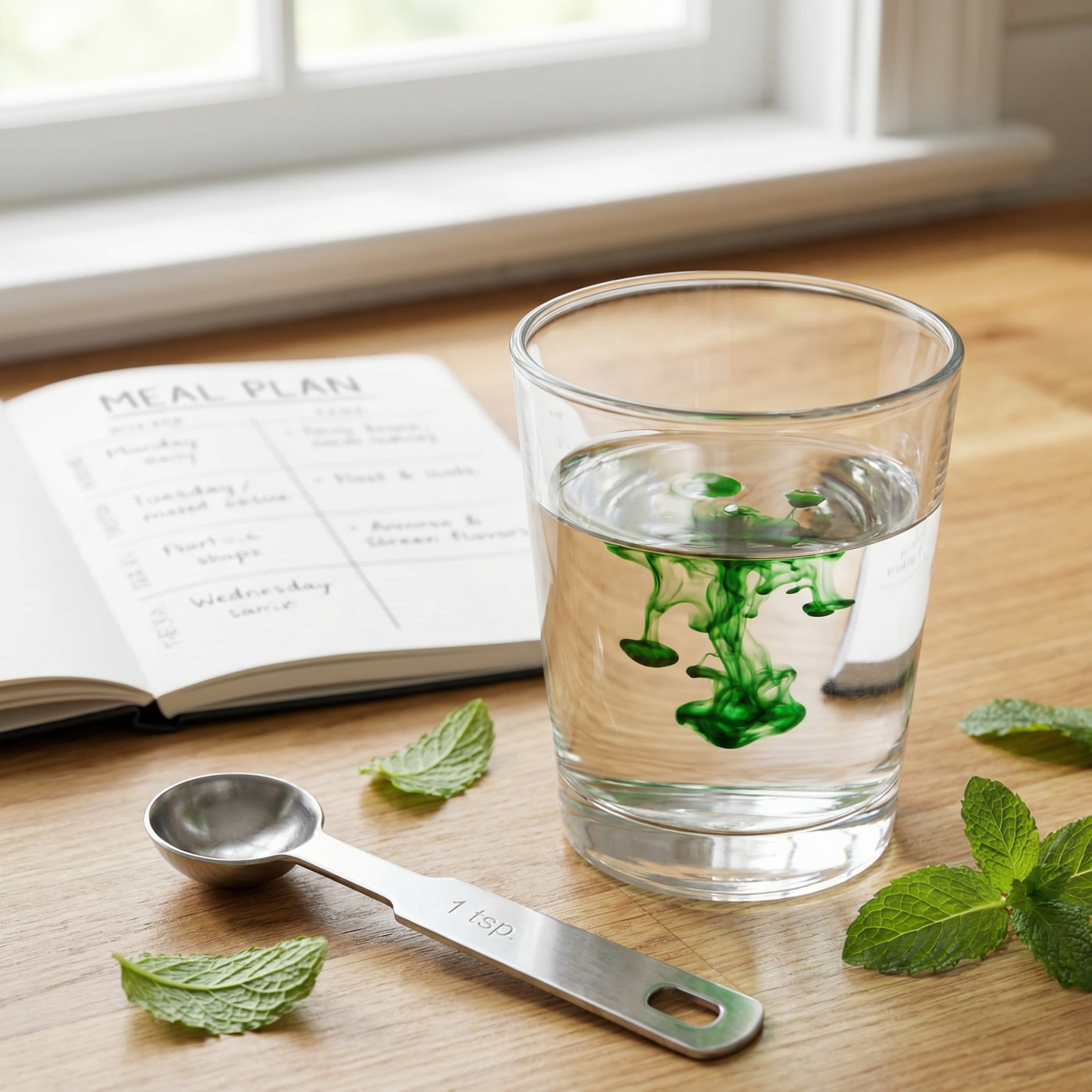A clear glass of water with drops of dark green liquid chlorophyll creating a swirling pattern.