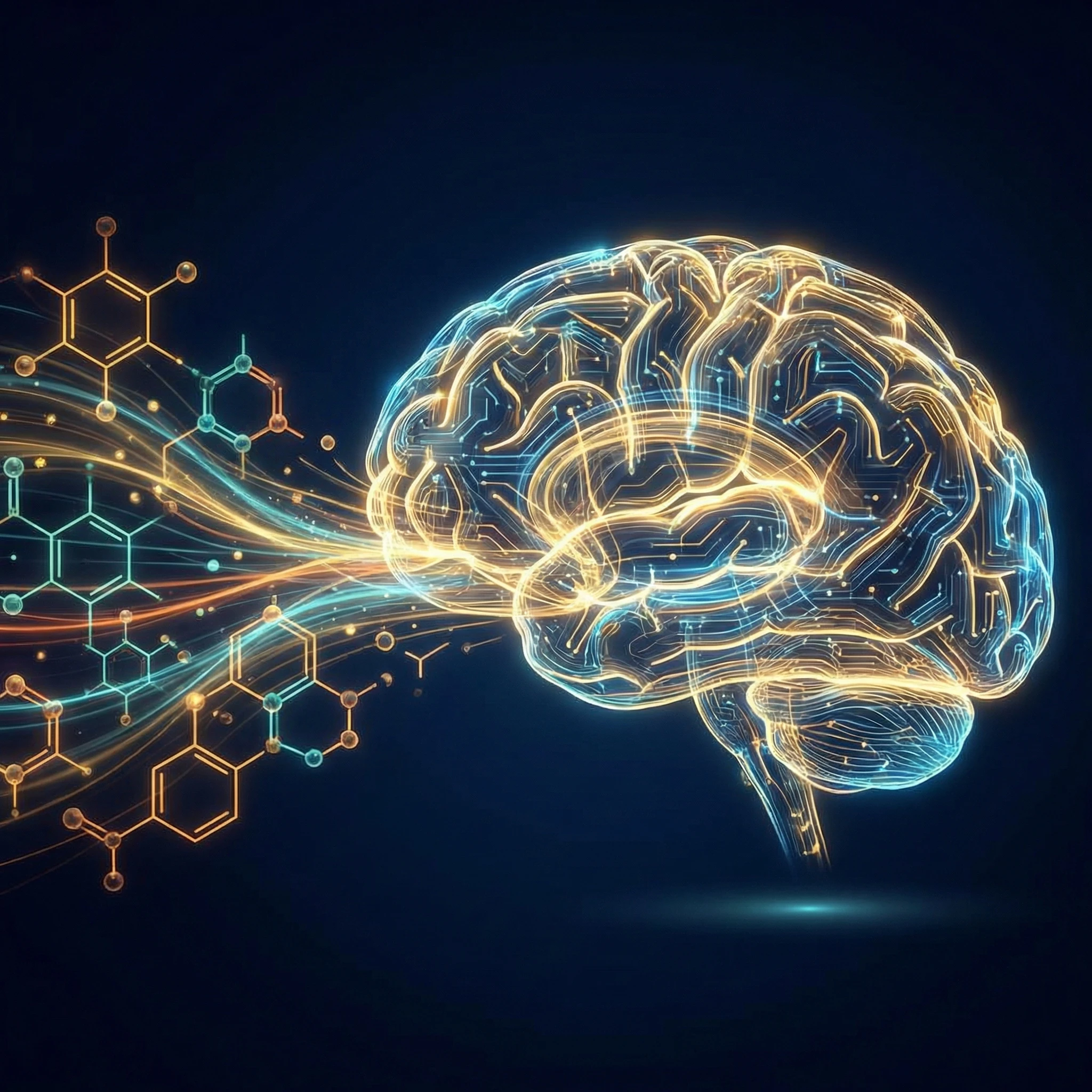 Conceptual illustration of cocoa flavanol molecules flowing toward a glowing brain silhouette on a dark background