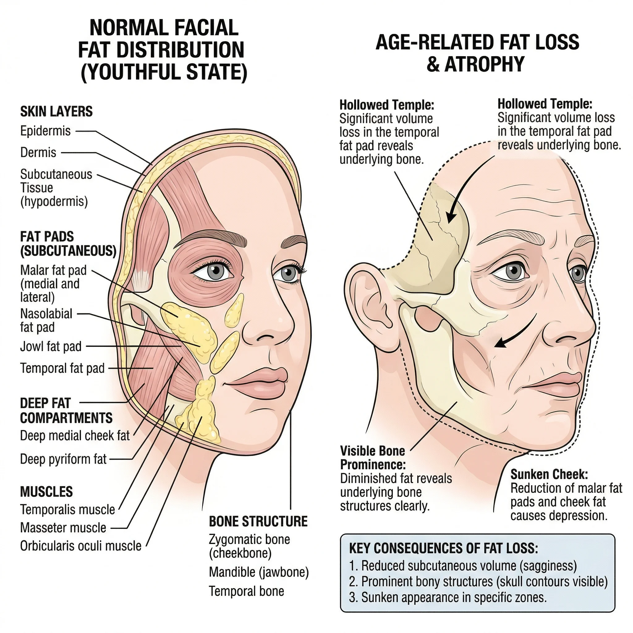 Cross-section diagram of facial anatomy showing subcutaneous fat pads that provide facial volume and structure