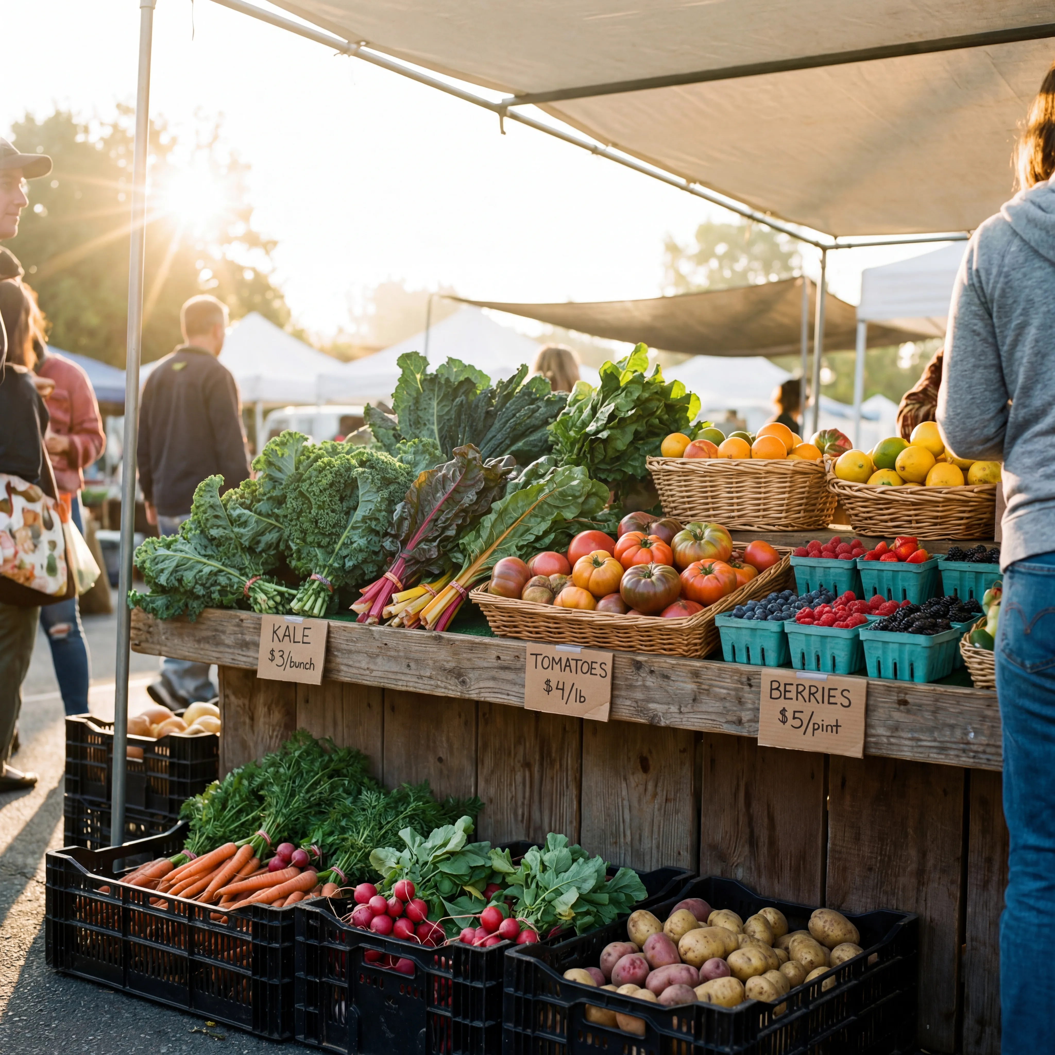 Fresh seasonal vegetables and fruits displayed at a farmers market stall with handwritten price tags