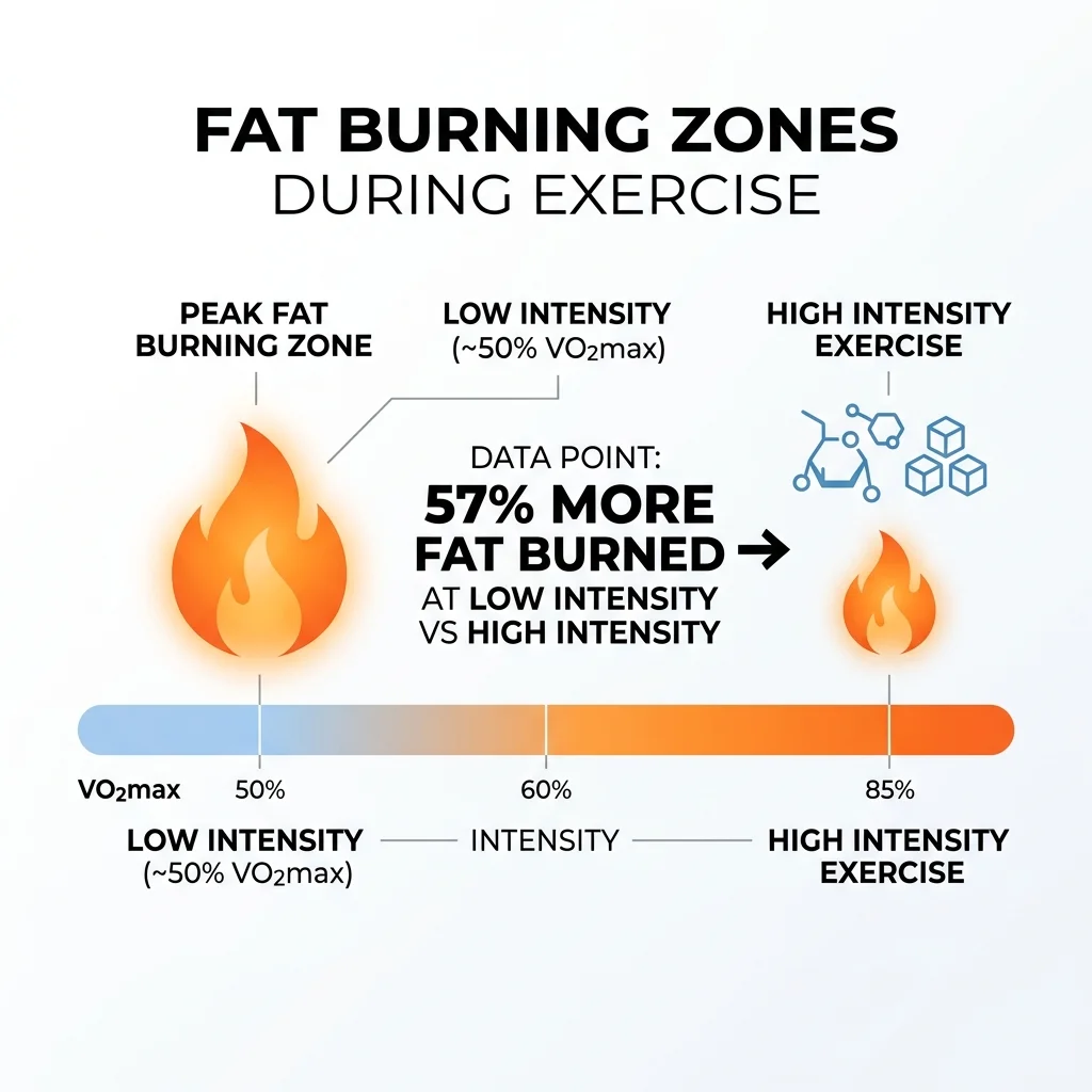 Infographic showing how fat oxidation peaks during low-intensity exercise and declines at higher intensities