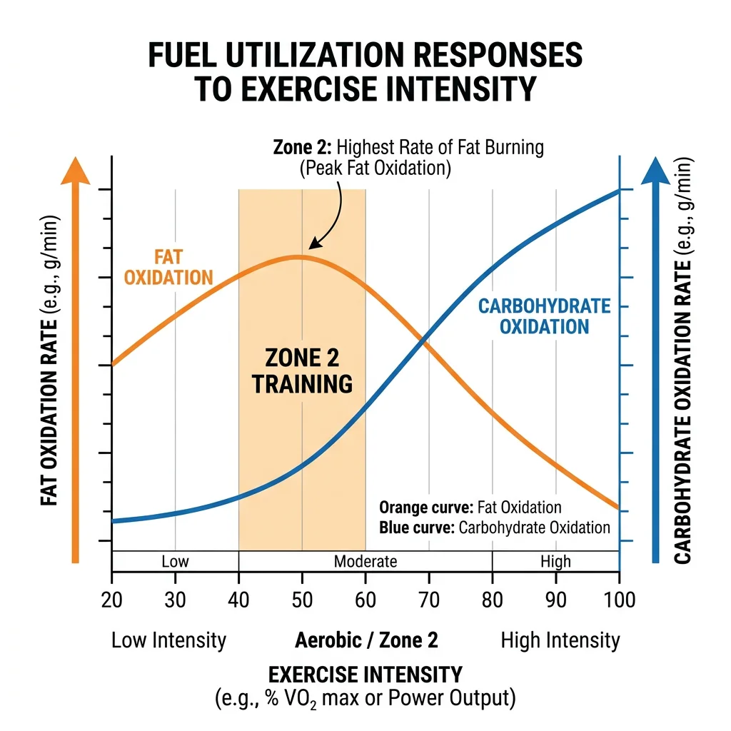 Diagram showing how fat and carbohydrate fuel contribution changes across exercise intensity zones from rest to maximum effort