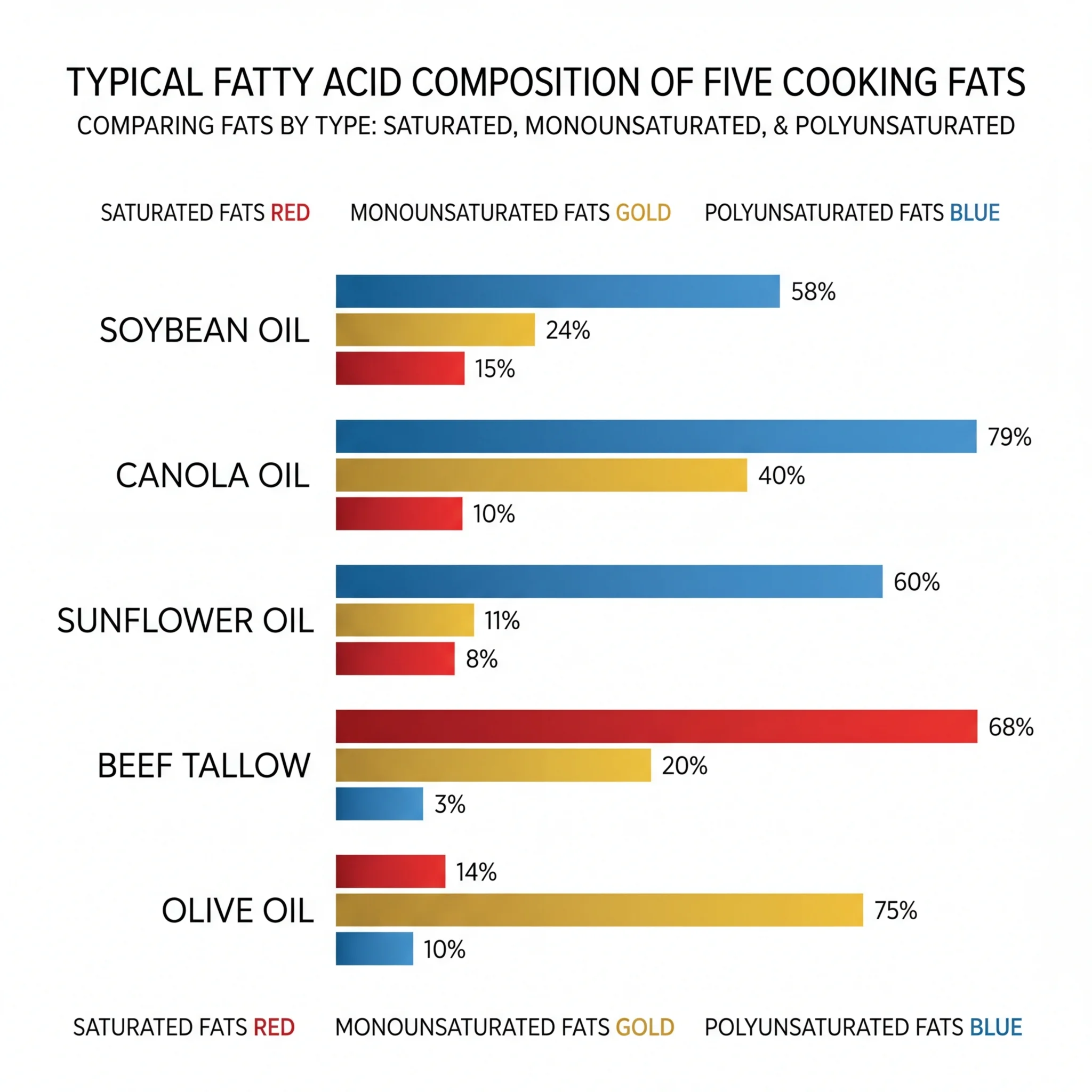 Infographic comparing the fatty acid profiles of common seed oils, beef tallow, and olive oil with color-coded bar charts
