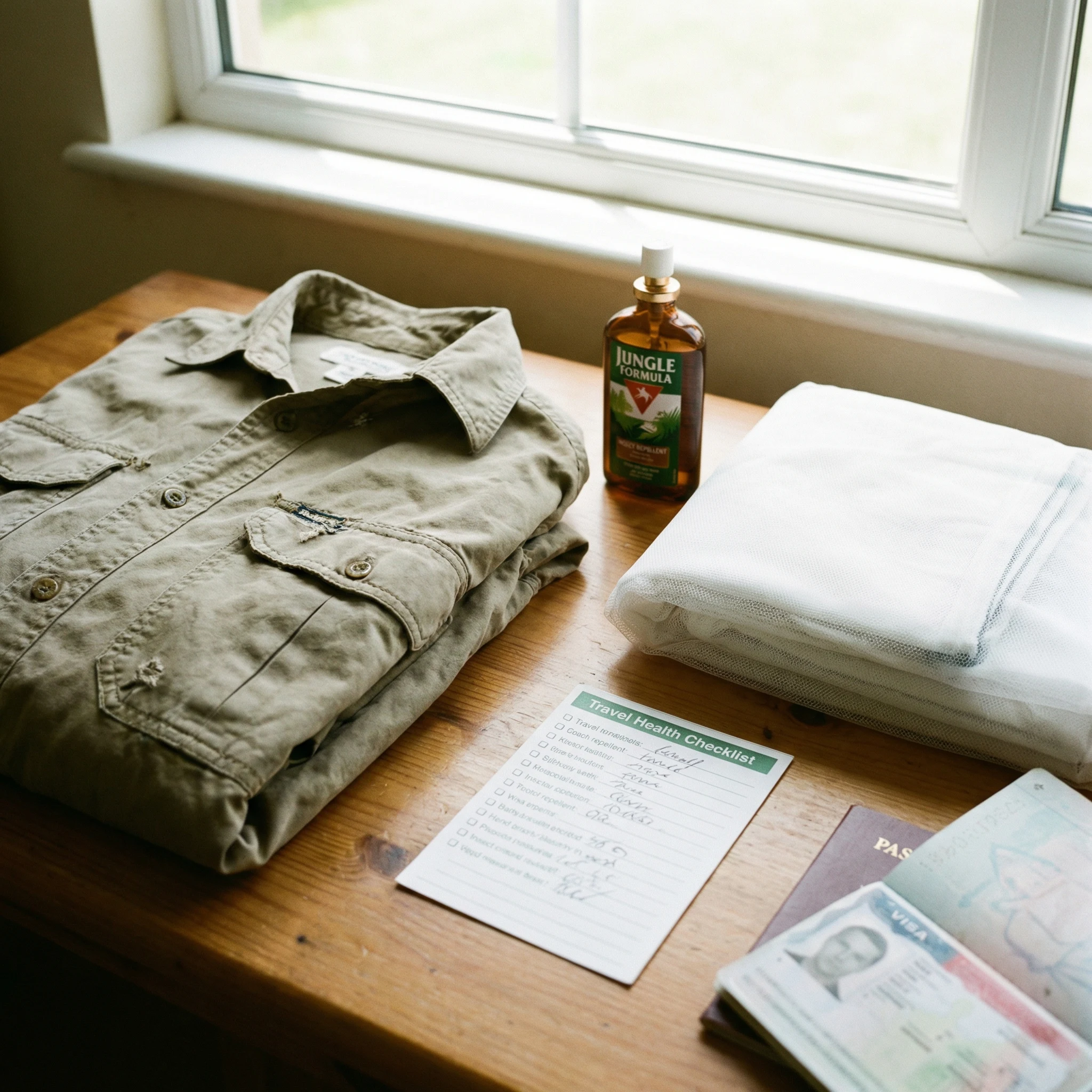 Travel prevention kit with insect repellent, long sleeves, mosquito net, and trip planning essentials.