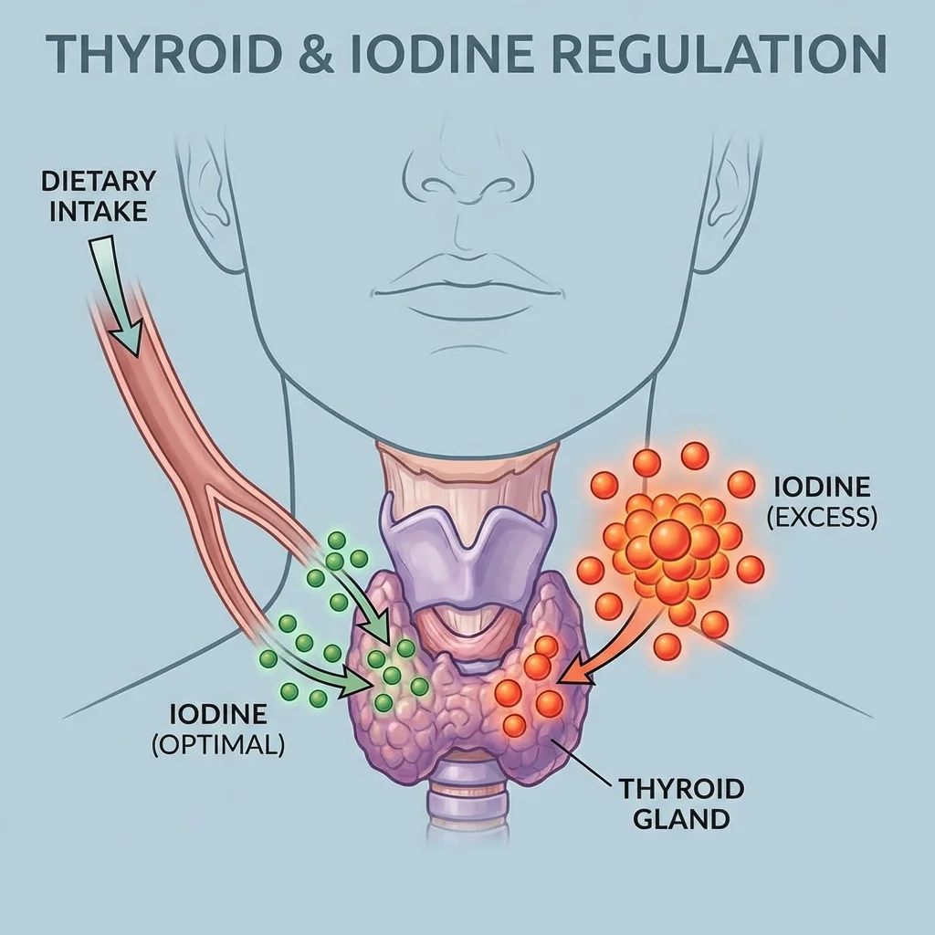 Diagram showing the thyroid gland and how excessive iodine intake disrupts hormone production