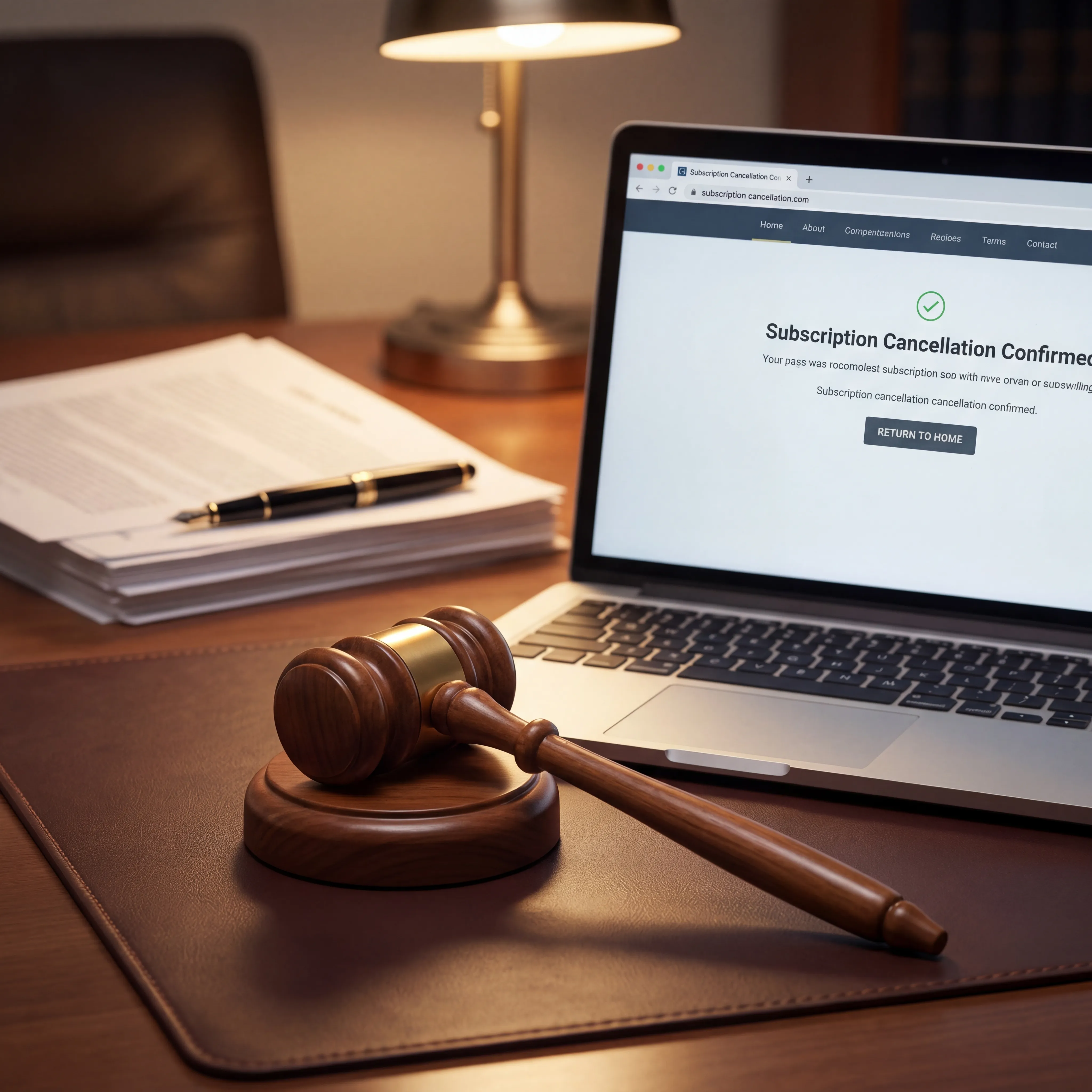 Wooden judges gavel resting on a legal document next to a laptop showing a subscription cancellation page