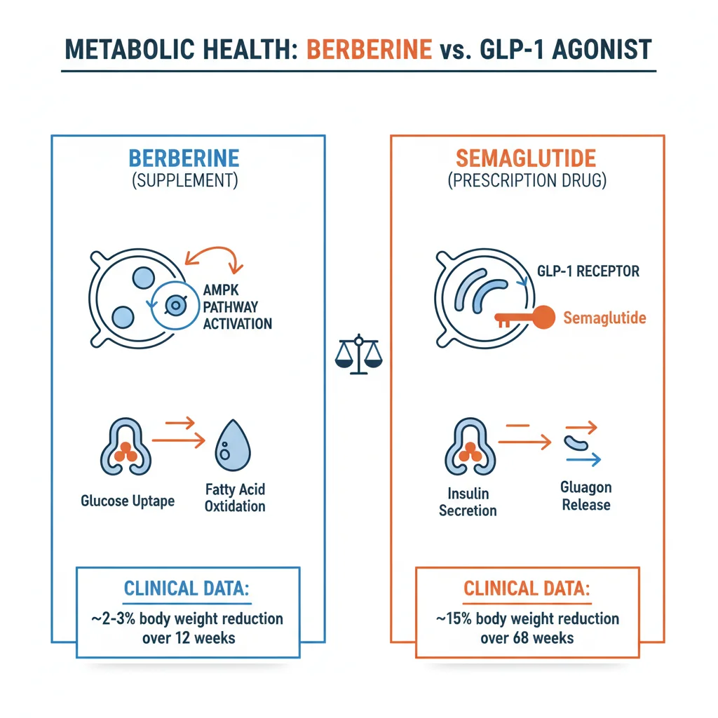 Infographic comparing berberine and GLP-1 drug mechanisms with clinical weight loss data