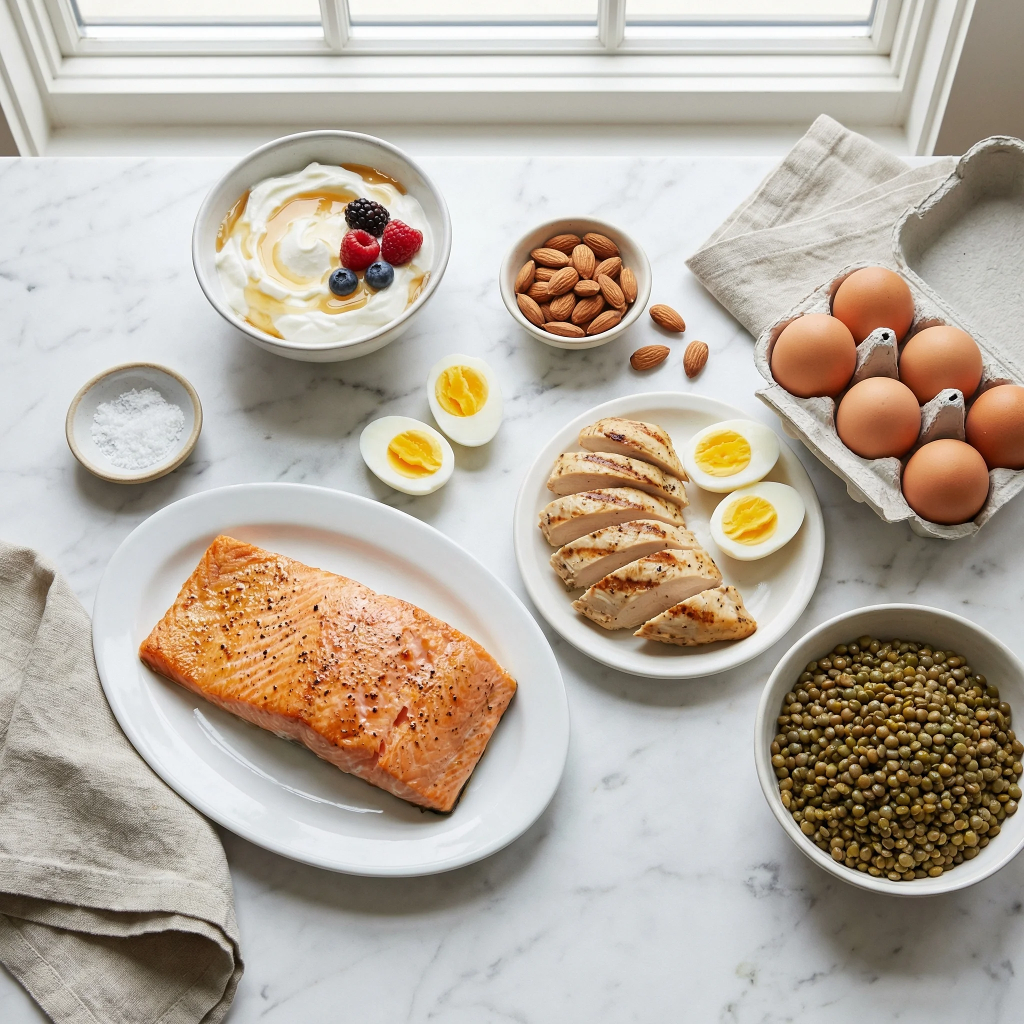 Array of high-protein foods including eggs, salmon fillets, chicken breast, Greek yogurt, and lentils on a marble surface