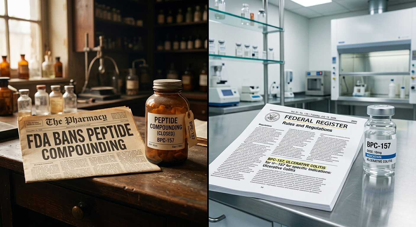 Split editorial scene contrasting the 2023 FDA peptide ban with the 2026 Federal Register reconsideration document