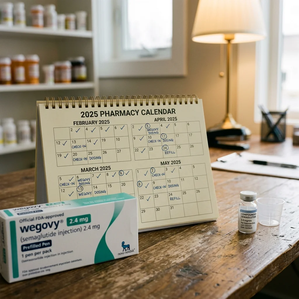 Calendar pages flipping with FDA stamp and bottles of semaglutide injection in foreground