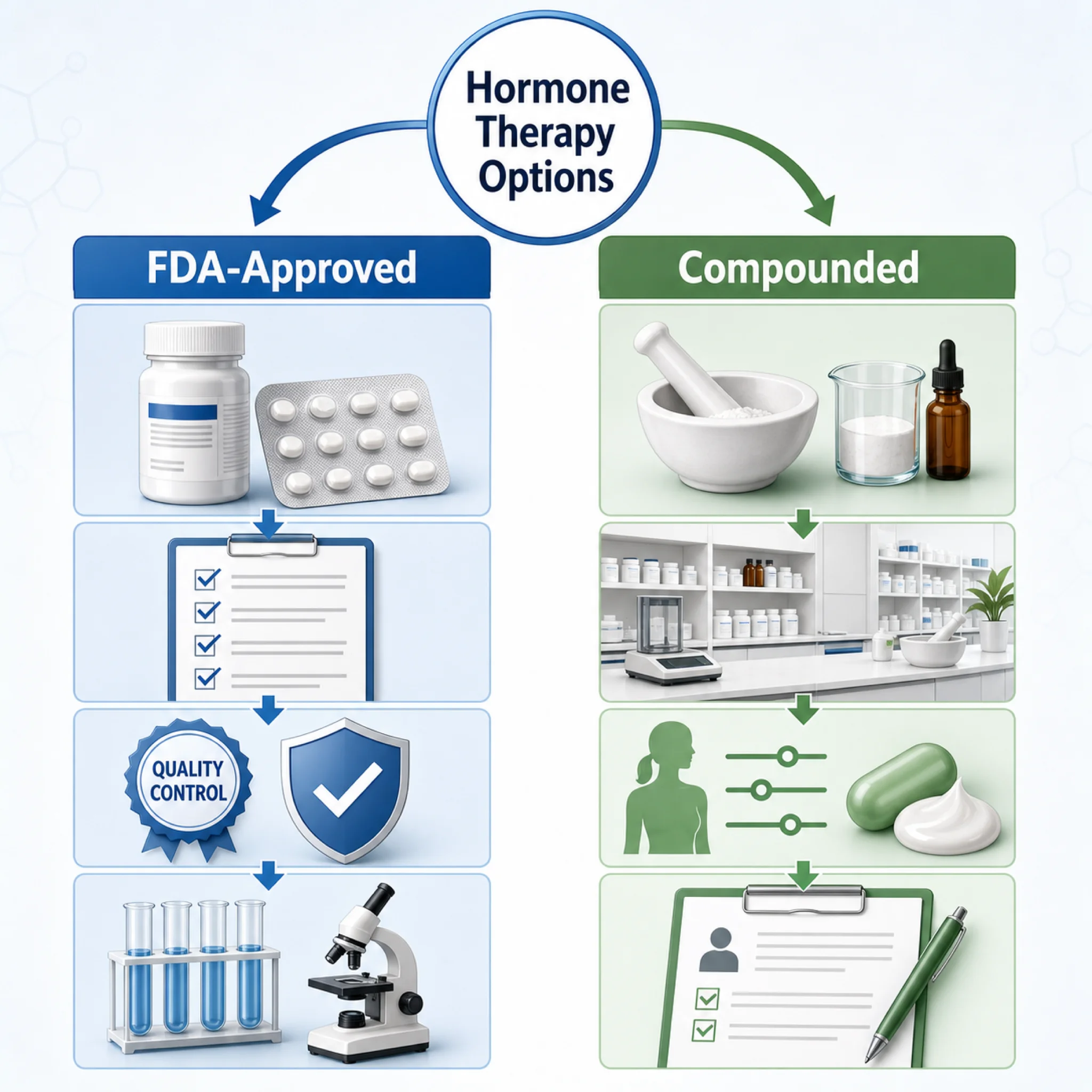 Comparison illustration of FDA-approved versus compounded bioidentical hormone pathways