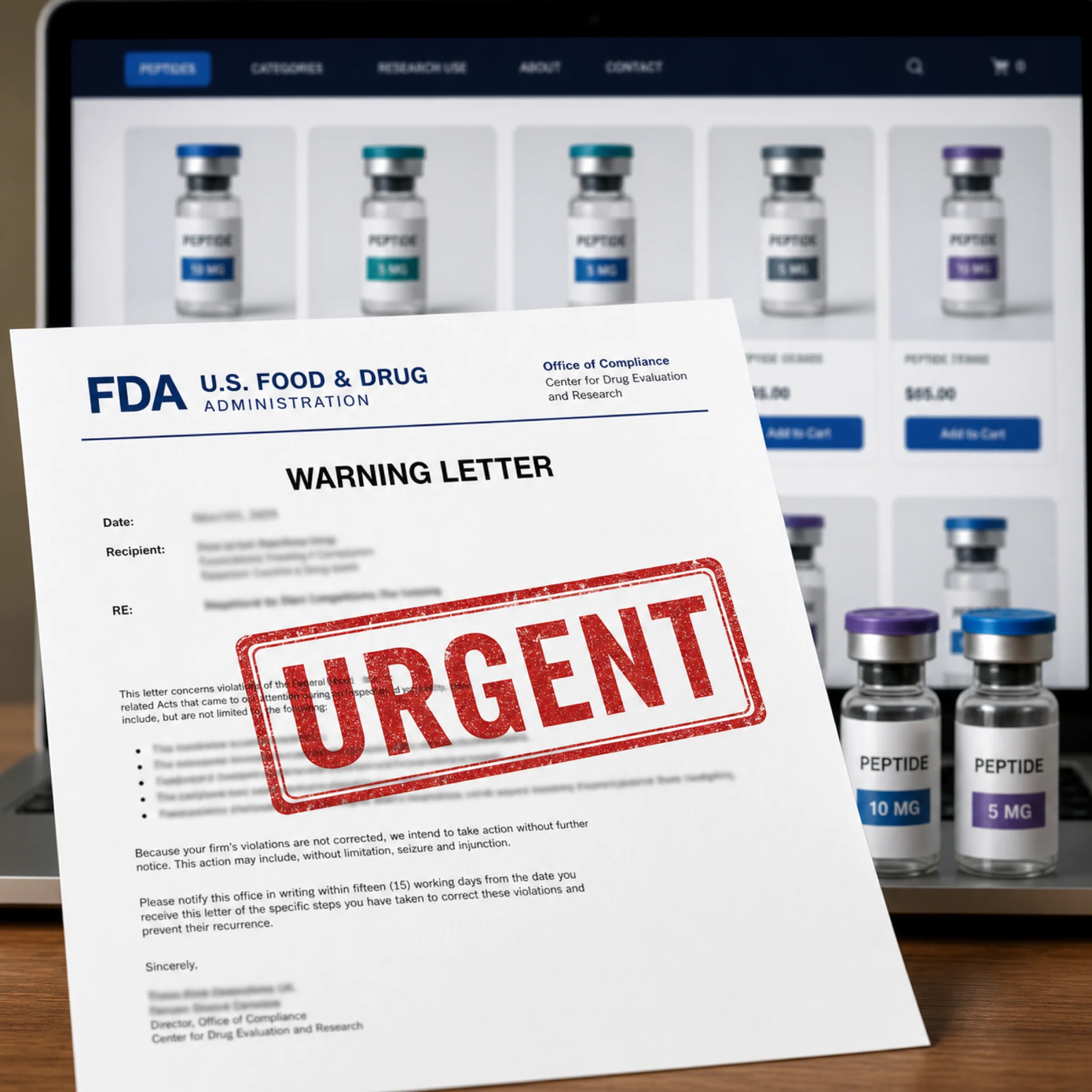 FDA warning letter targeting research peptide sellers who pair products with bacteriostatic water