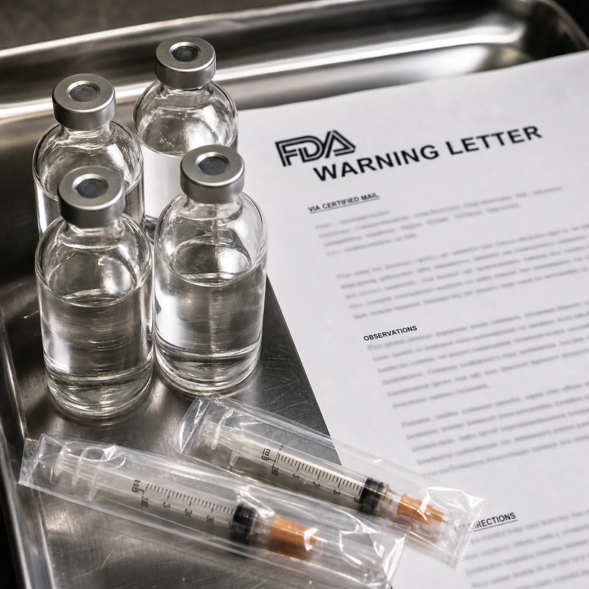 Unlabeled peptide vials next to FDA warning documents illustrating regulatory concerns around compounded peptides