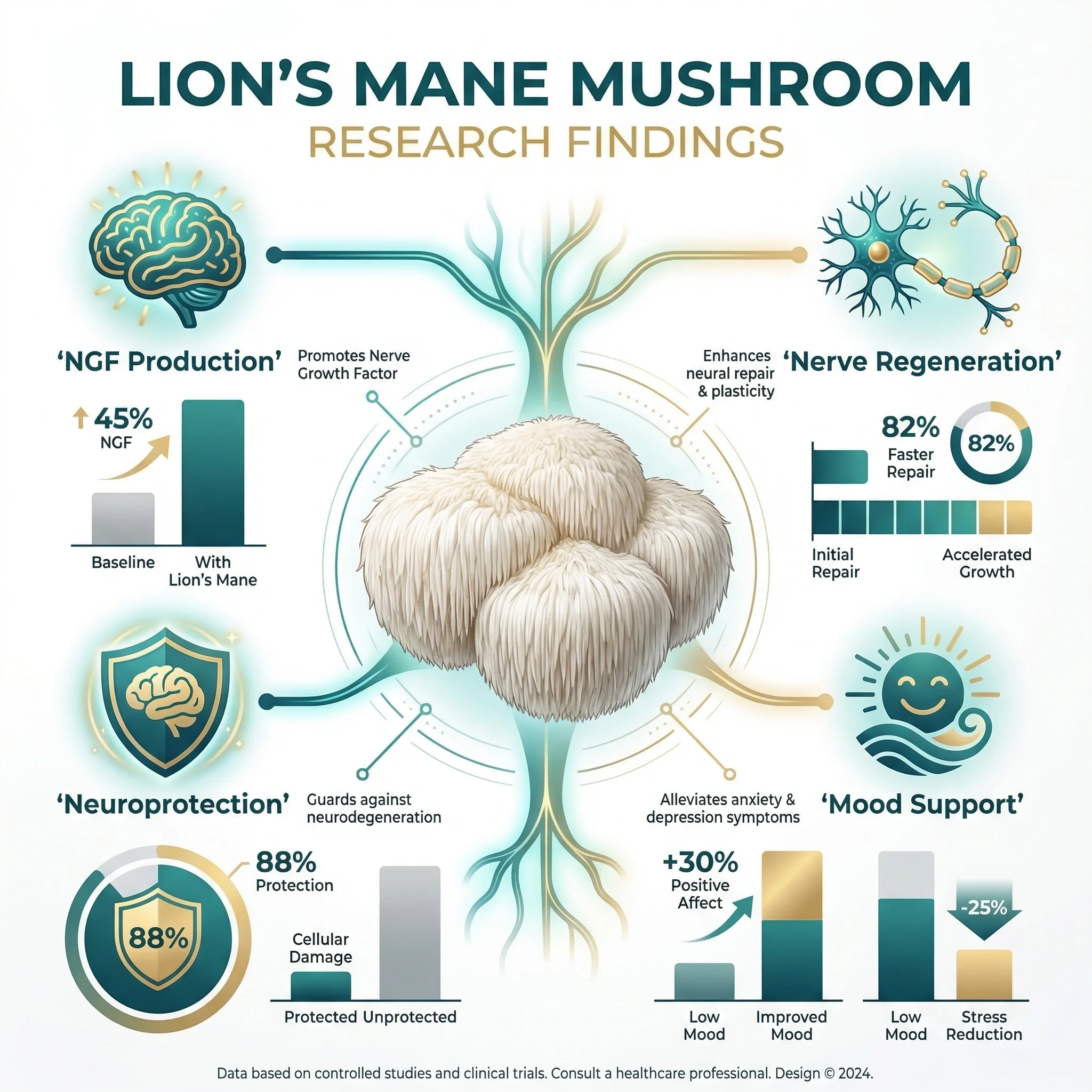 Infographic showing lion's mane mushroom clinical trial results across multiple studies with dosages and outcomes