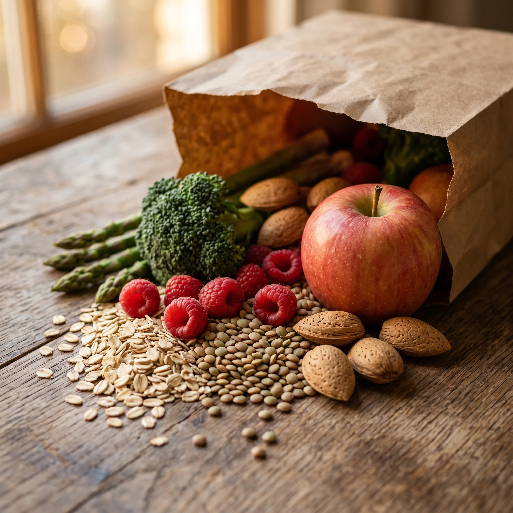 Whole foods rich in fermentable fiber spilling from a paper grocery bag