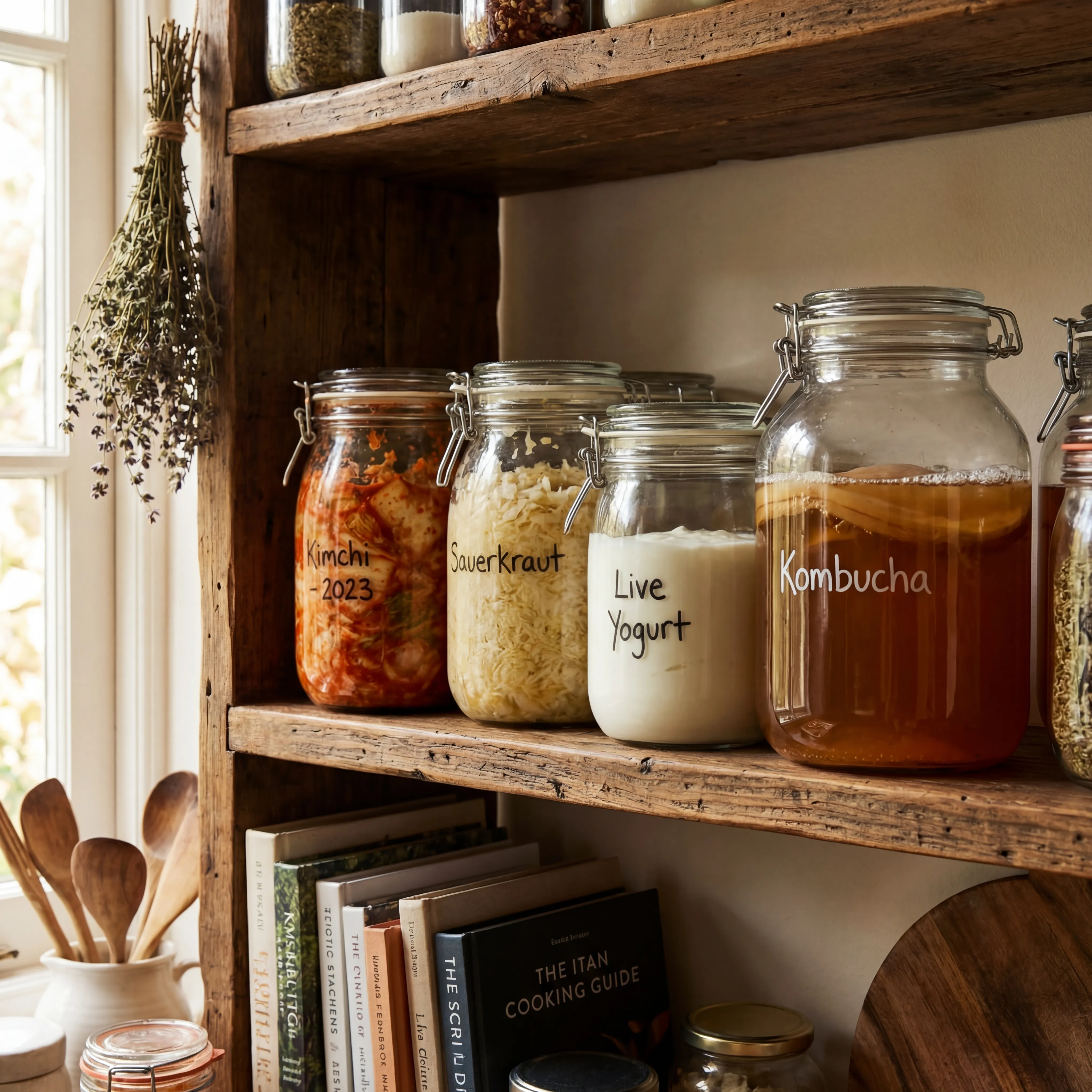 Glass jars of fermented foods including kimchi, sauerkraut, yogurt, and kombucha arranged on a rustic wooden shelf