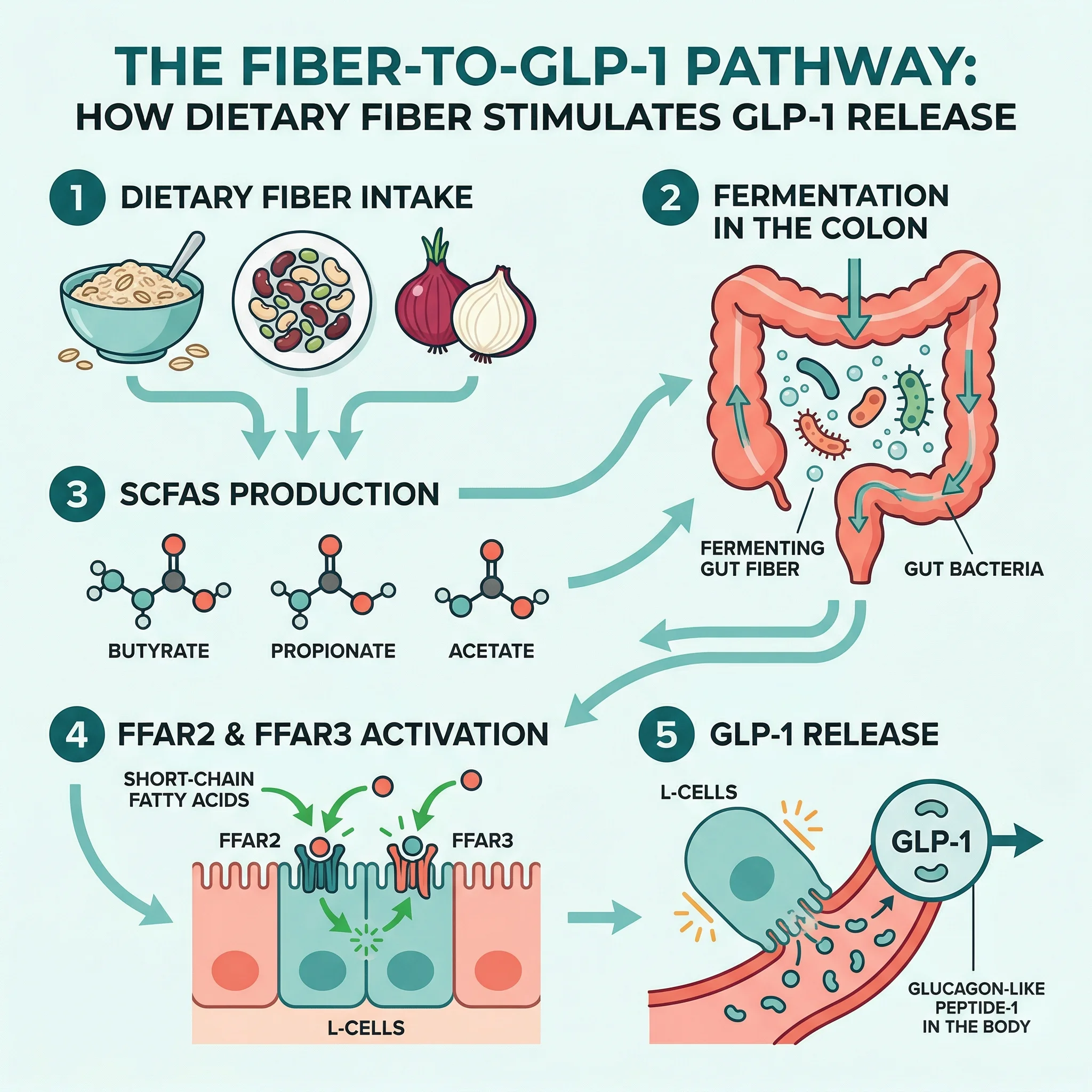 Infographic showing how dietary fiber is fermented by gut bacteria into short-chain fatty acids that activate GLP-1 producing L-cells