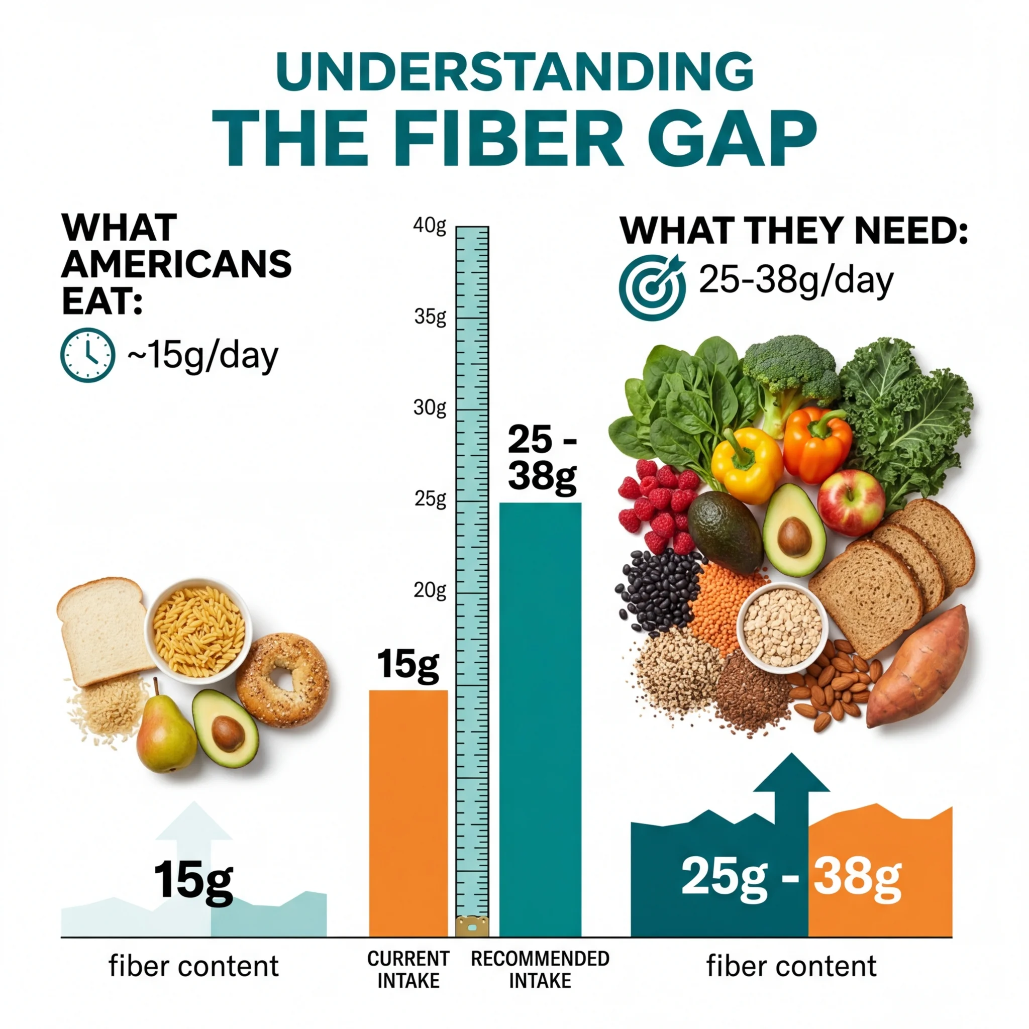 Infographic comparing recommended daily fiber intake versus average American consumption
