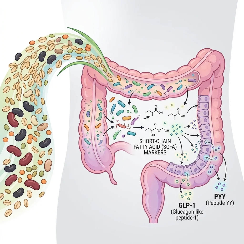 Fiber-rich foods feeding gut microbes that produce short-chain fatty acids linked to GLP-1 and PYY