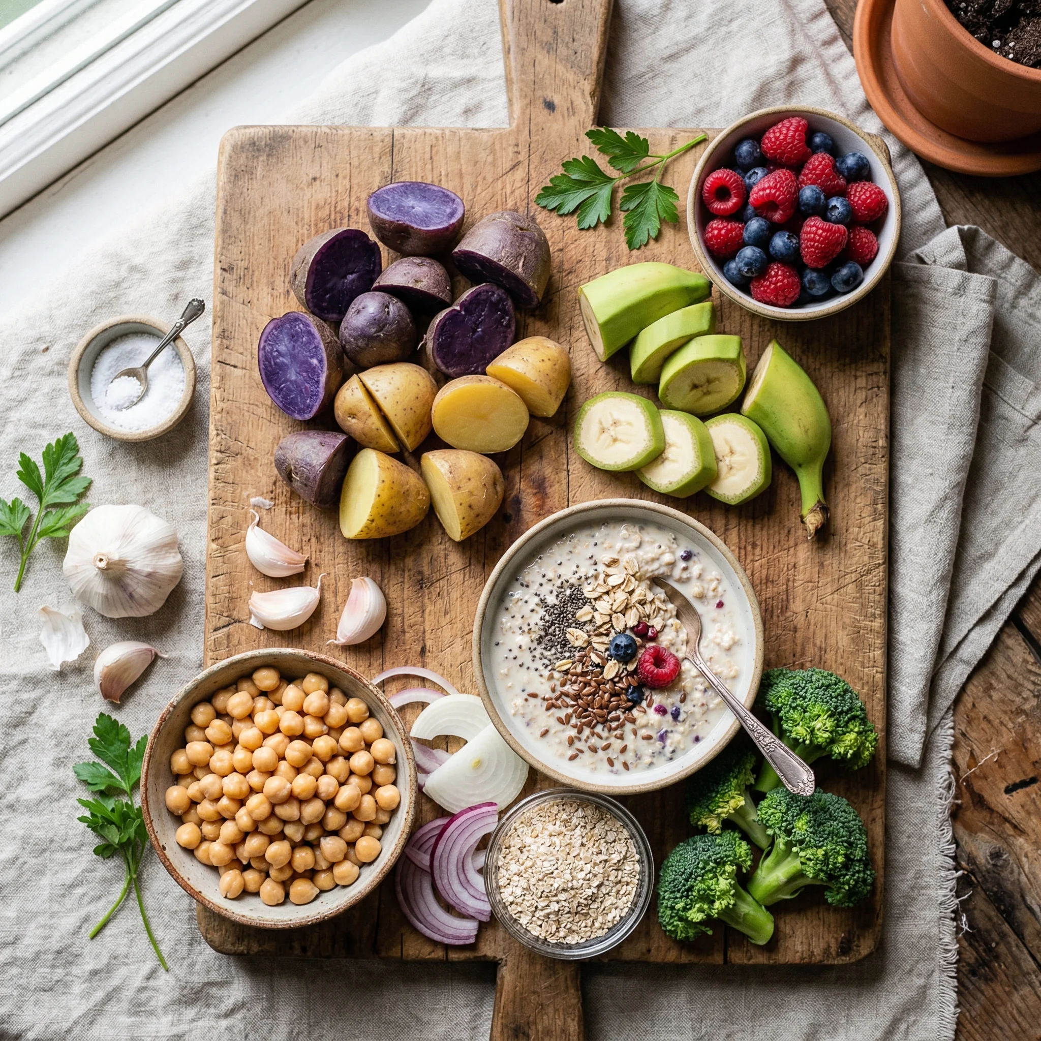 Arrangement of resistant starch and high-fiber foods including cooled potatoes, green bananas, oat bran, and chickpeas