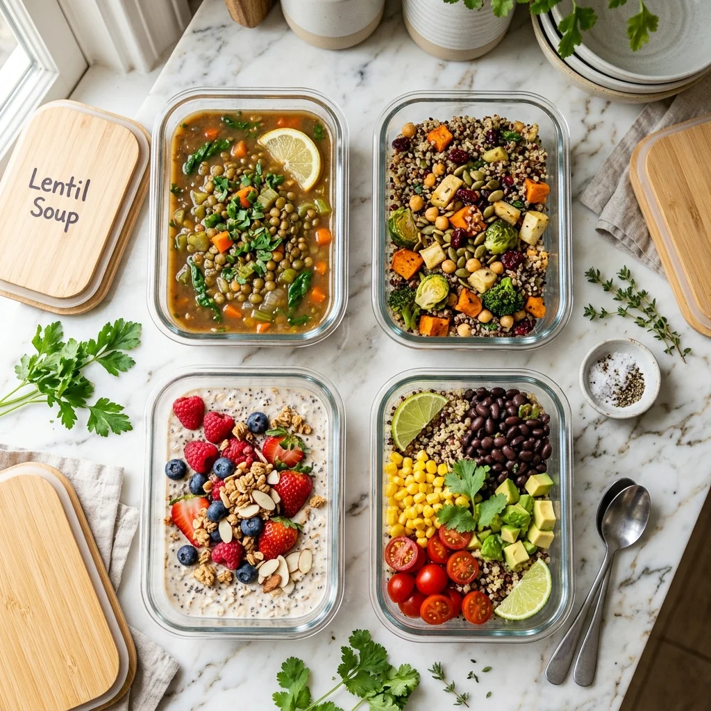 Glass containers of meal-prepped high-fiber foods including lentil soup, roasted vegetables, and overnight oats
