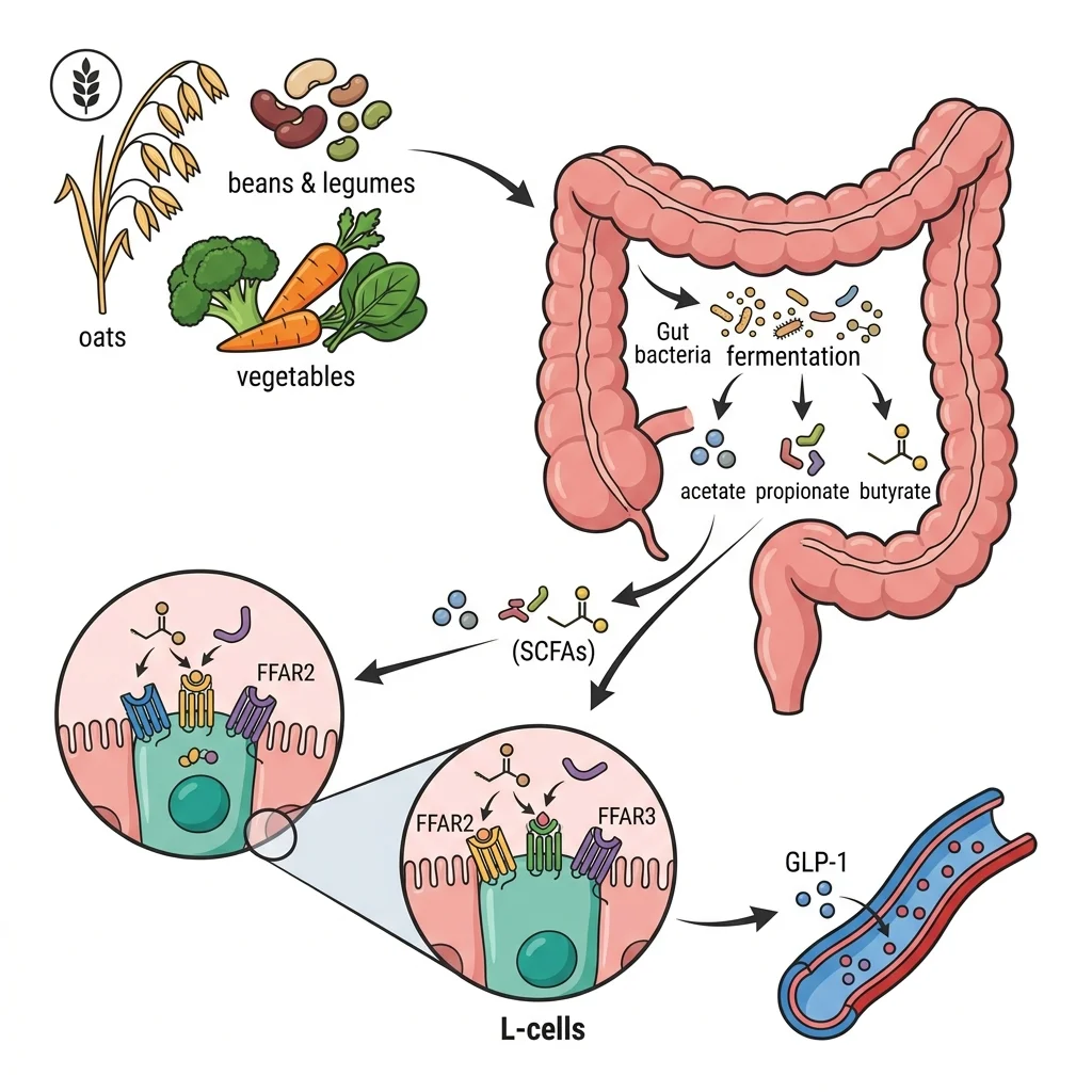 Illustrated diagram showing dietary fiber being fermented by gut bacteria into short-chain fatty acids that stimulate L-cells to release GLP-1