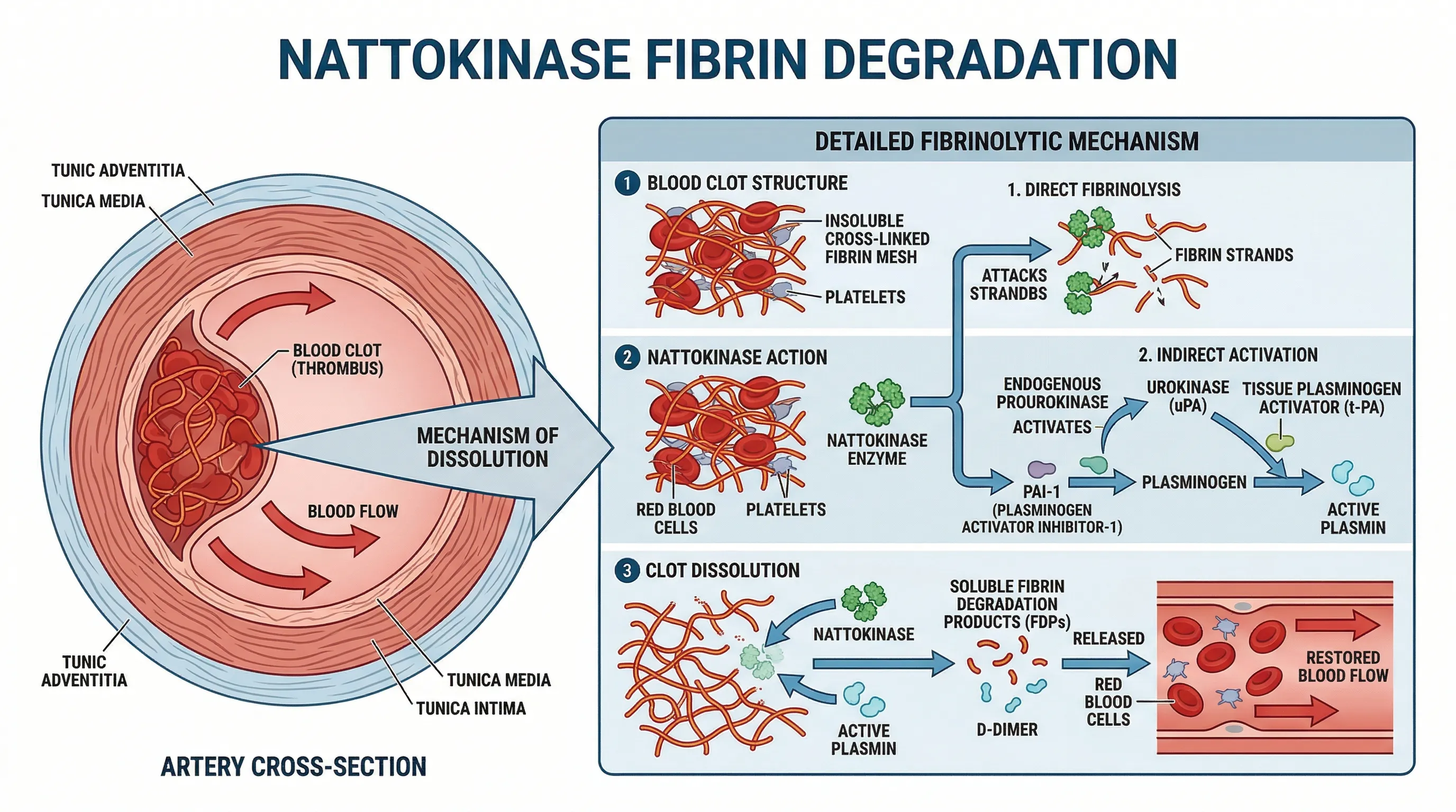Diagram showing nattokinase enzyme breaking down fibrin strands in a blood clot