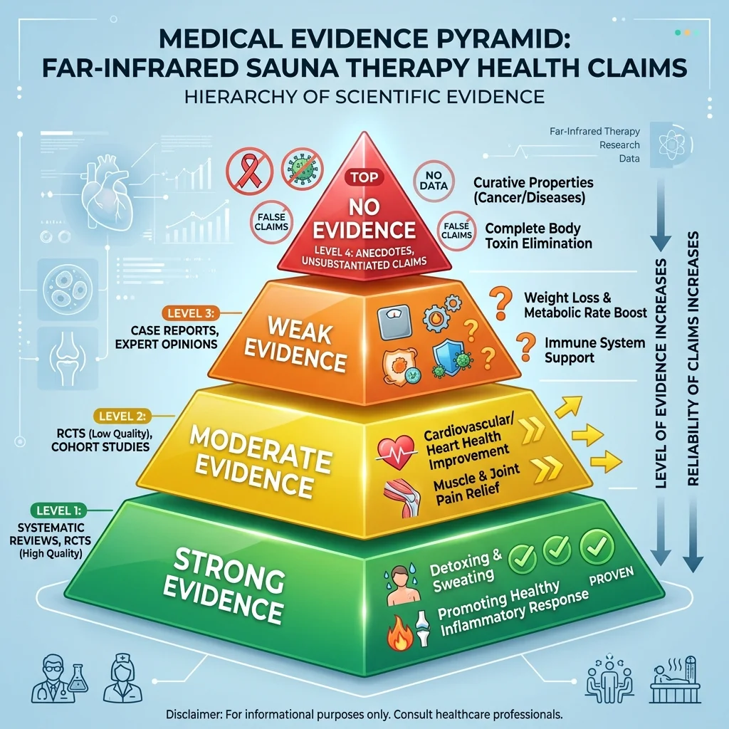 Evidence hierarchy showing far-infrared sauna health claims organized by research strength from strong to no evidence