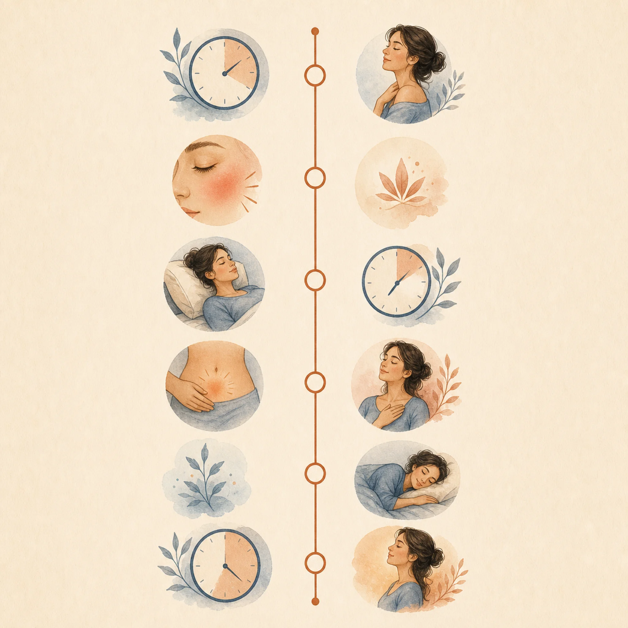 Illustrated vertical timeline of the first 90 minutes after a Vyleesi injection, depicting injection, flushing, nausea peak, and onset of sensation.