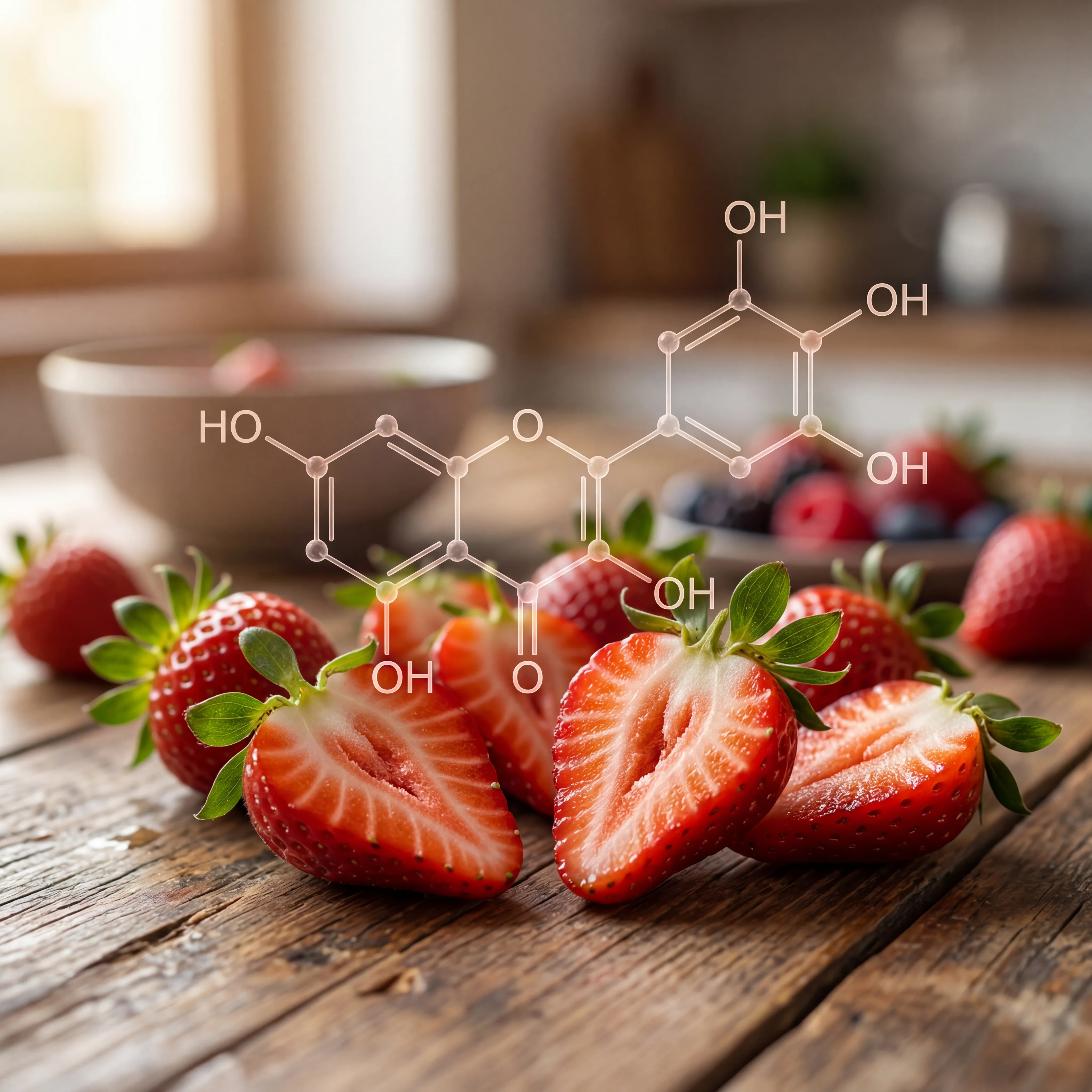 Ripe strawberries cut in half on a wooden surface with a transparent overlay of fisetin molecular structure
