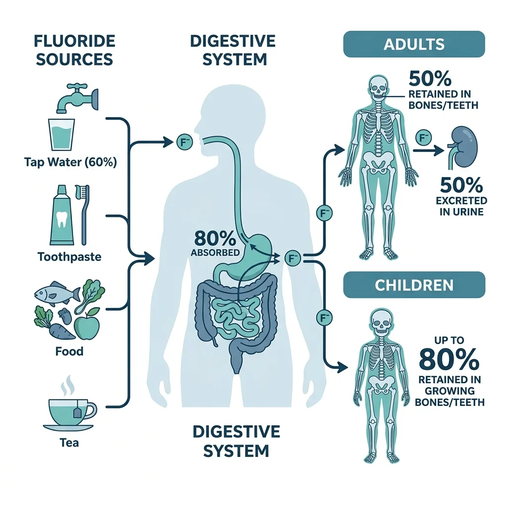 Infographic showing how the body absorbs fluoride from different sources, comparing adult and child retention rates