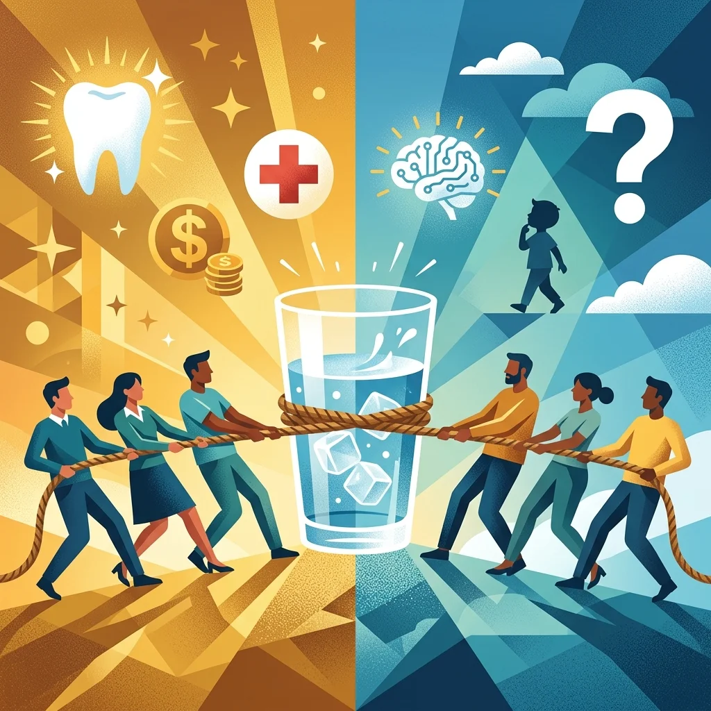 Editorial illustration showing the competing considerations in the fluoride debate: dental benefits versus neurodevelopmental concerns