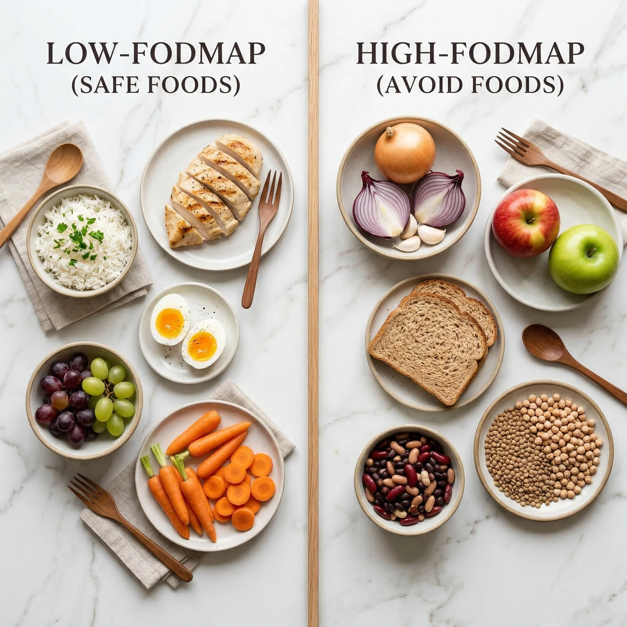 Visual guide comparing low-FODMAP foods to eat versus high-FODMAP foods to limit during SIBO treatment
