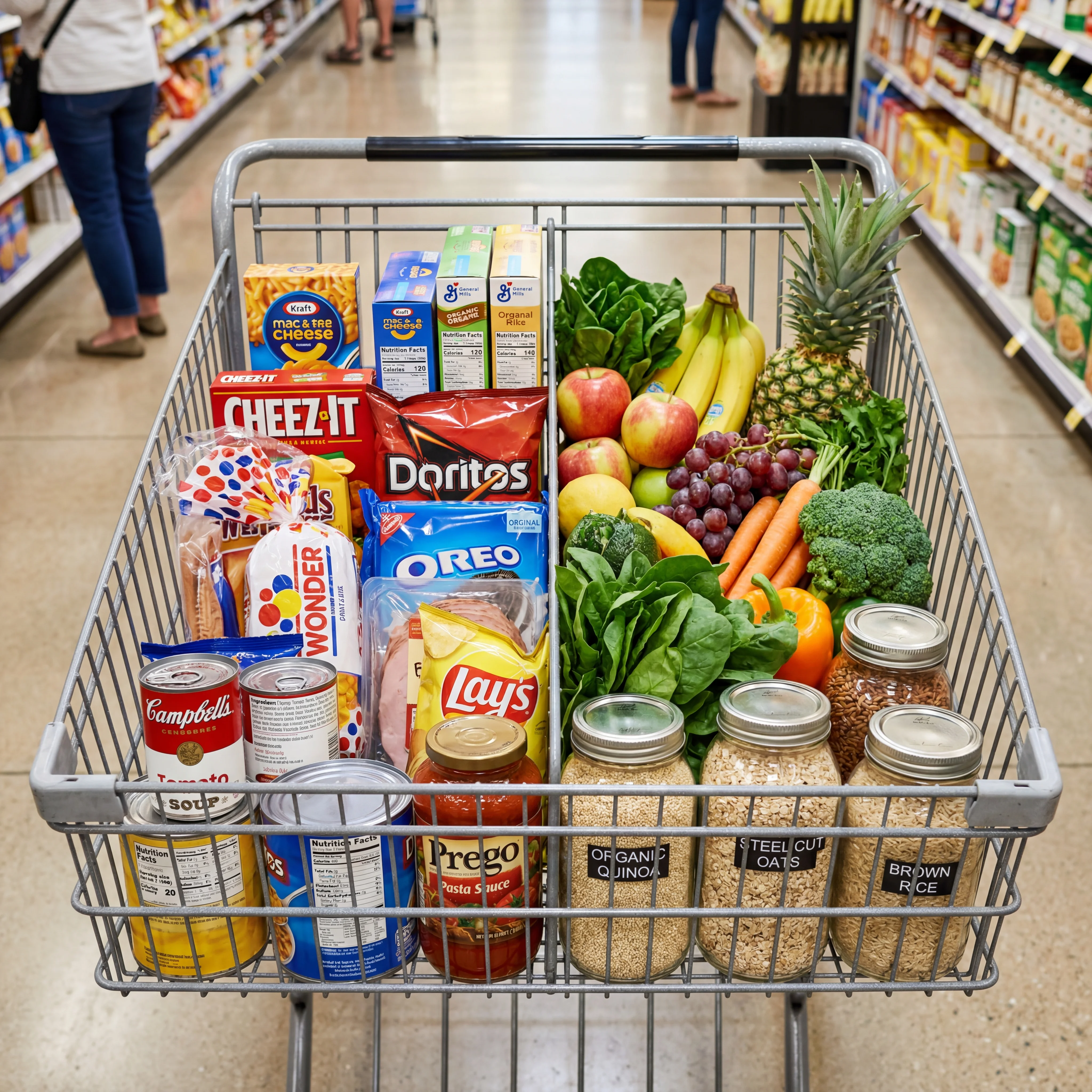 Close-up view of processed foods with ingredient labels showing common preservatives alongside fresh organic produce for comparison