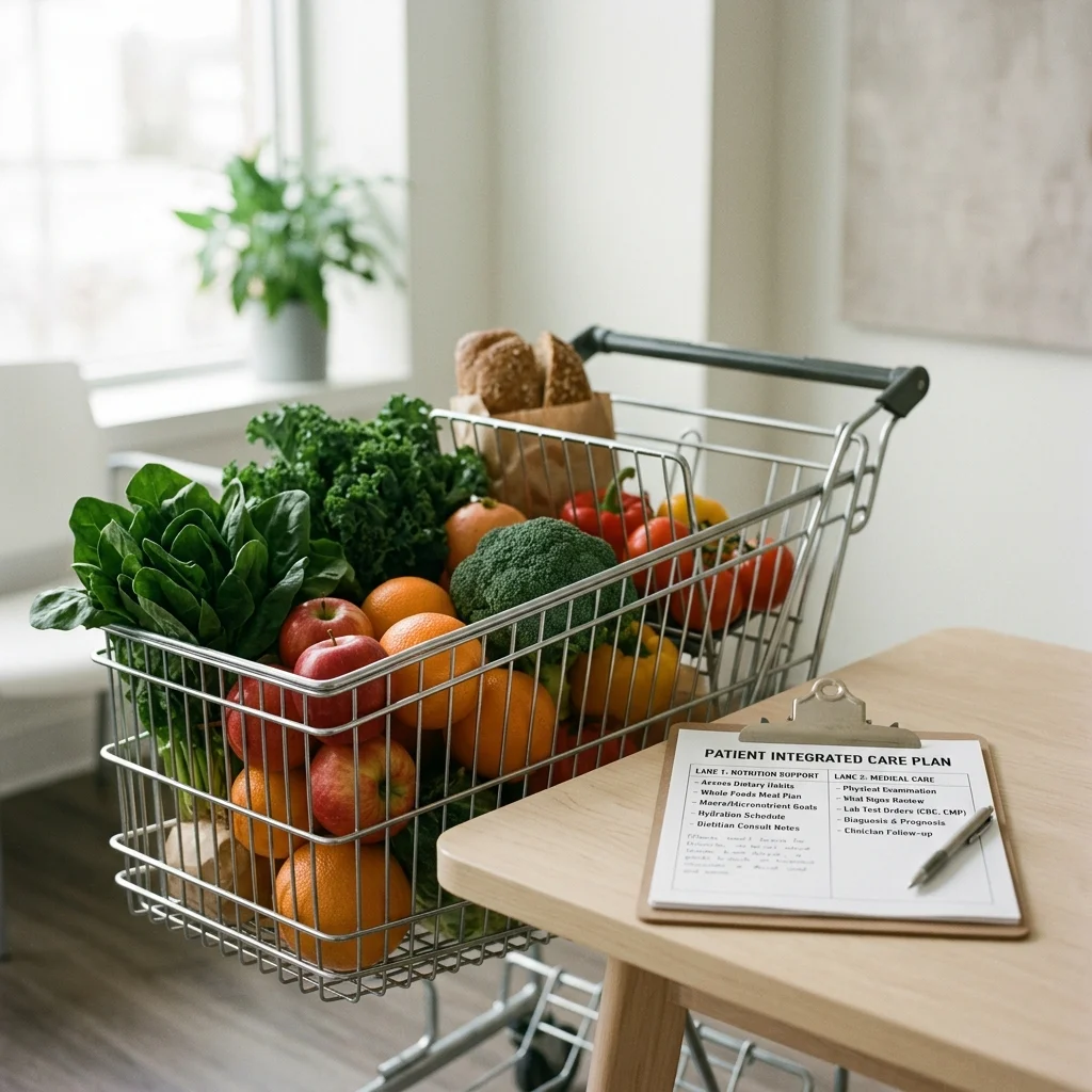 Grocery foods shown separately from a clinical care clipboard to distinguish nutrition from therapy