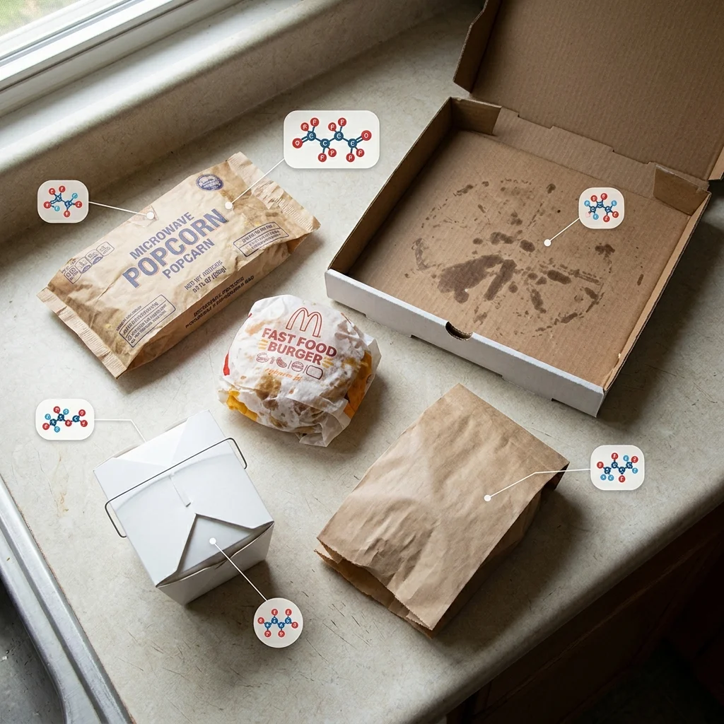 Common food packaging items including popcorn bags, fast food wrappers, and pizza boxes that may contain PFAS coatings