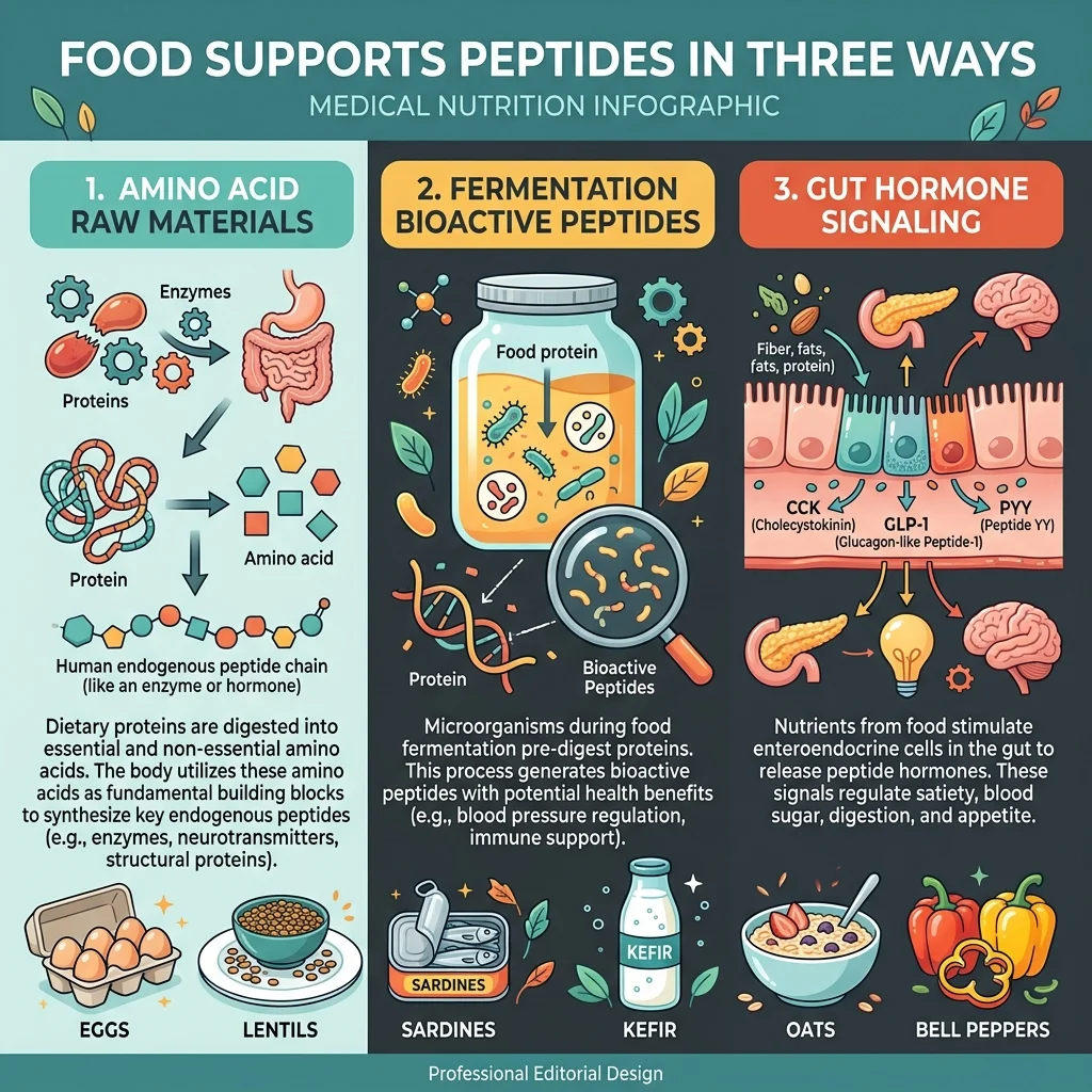 Infographic showing three ways food supports peptide biology