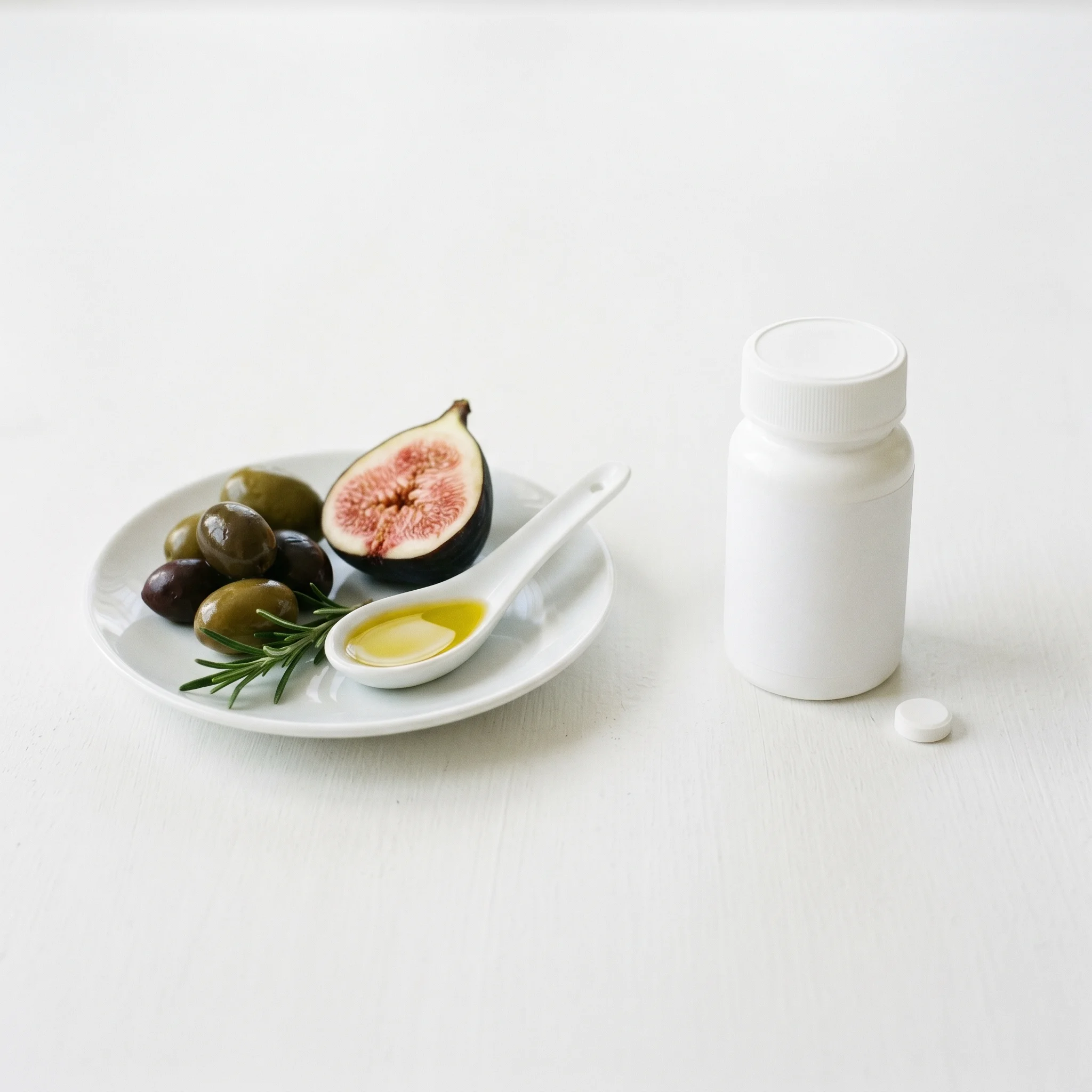 Mediterranean foods on one side and a prescription bottle on the other against a white background