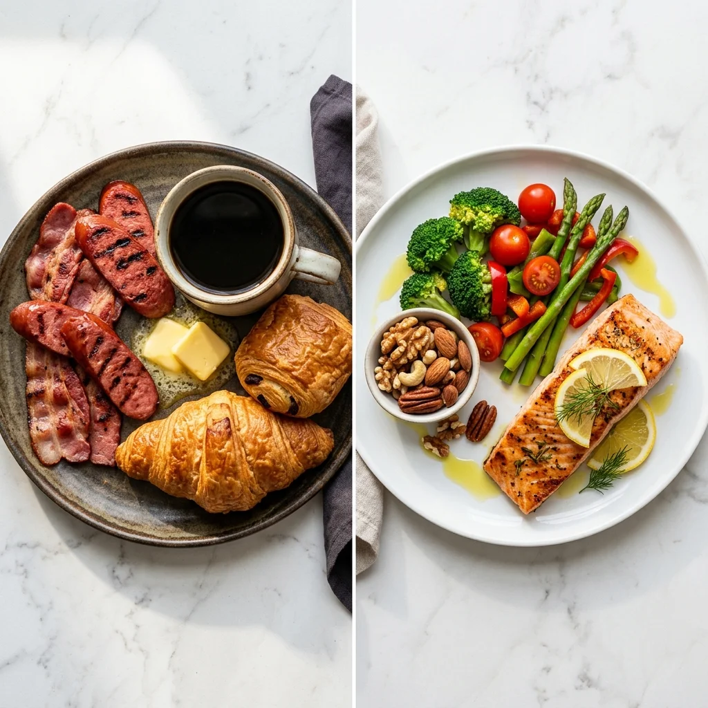 Side-by-side comparison plate showing processed meats, pastries, and soda versus salmon, vegetables, and nuts
