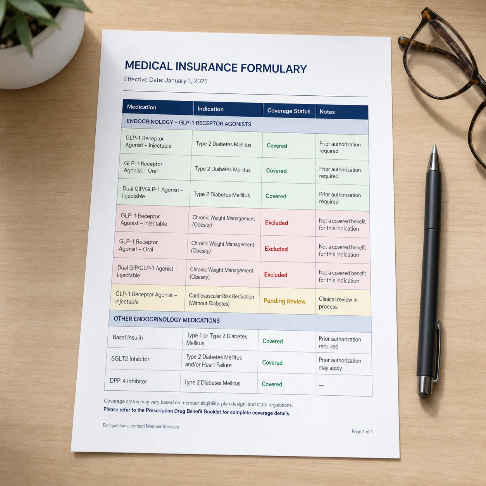 Insurance formulary showing different coverage status for GLP-1 medications by indication