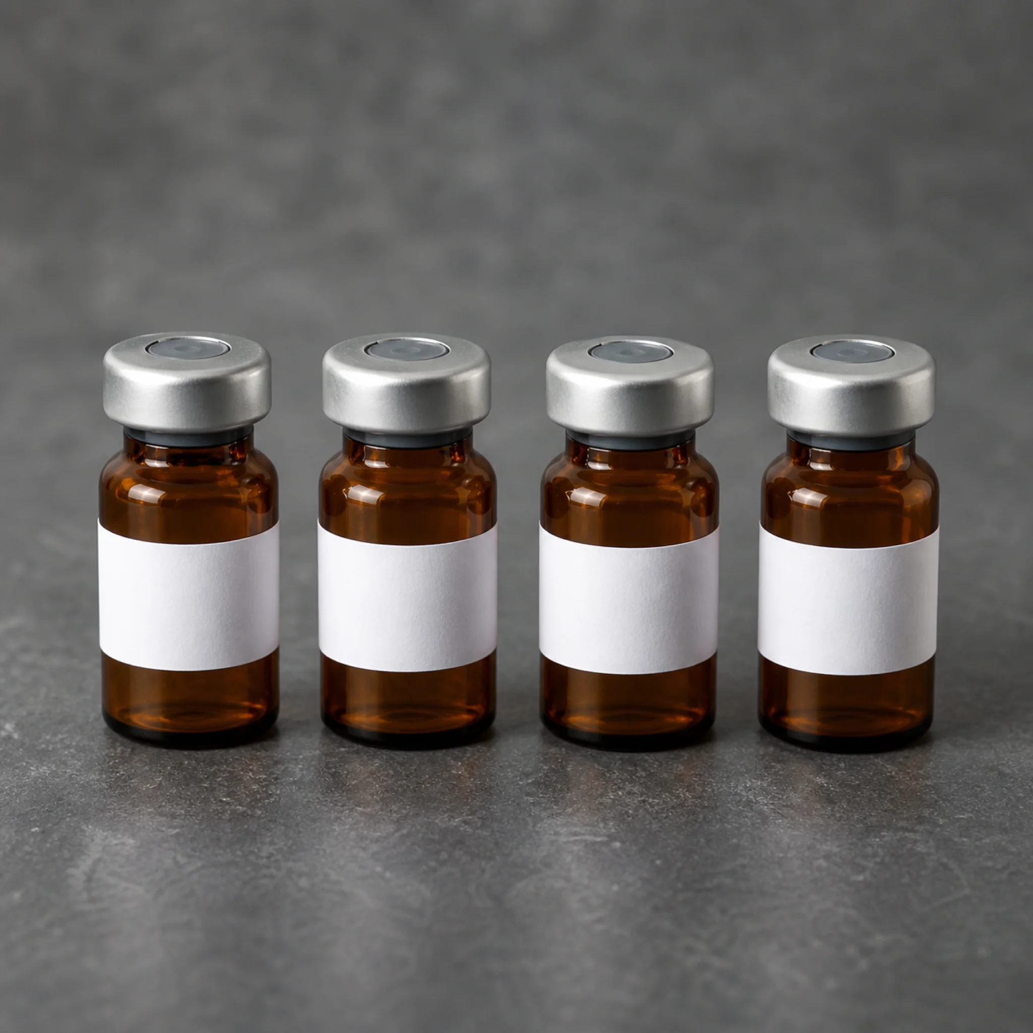 Four small amber pharmaceutical vials lined up on a slate surface, representing the peptide stack components